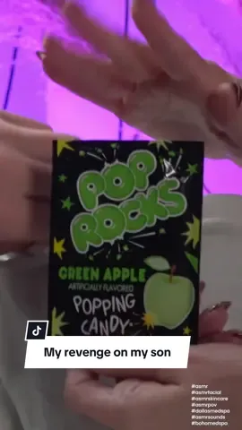 My son tried to prank me with fart spray during his facial. 🤦🏼‍♀️ So green apple pop rocks was my revenge. What would’ve been your revenge? Drop it in the comments. #asmr #asmrfacial #asmrspa #asmrmassage #prank 
