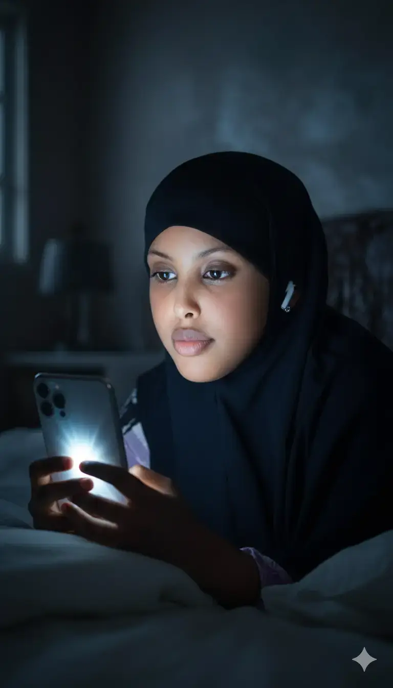 qoraalka sawirka lagu sameeyo hoos ayuu yaalla👇👇Highly realistic cinematic night portrait. A beautiful young girl [use your reference facel, sleeping bed Make it turn its body slightly, chest by chest, holds his iPhone Pro Max close to her face. her eyes are slightly open, thoughtful and contemplative. He a small earring in his left and small wireless earbuds. The iPhone screen glows brightly, casting a dramatic soft light onto his face and hands, while the rest of the room remains somber and dim. 