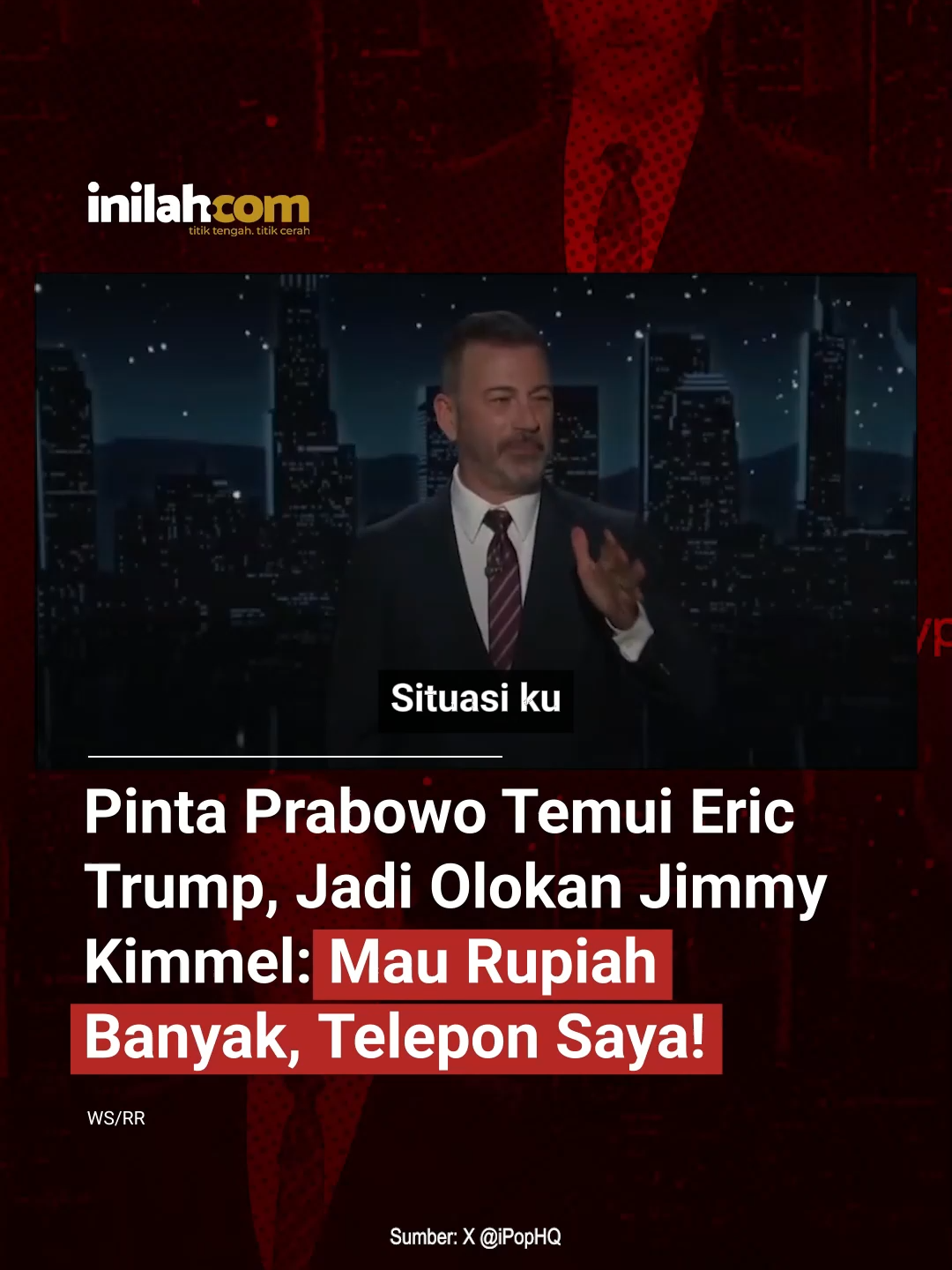 Permintaan Prabowo ke Trump, Jadi Bahan Olokan Jimmy Kimmel Komika sekaligus presenter Amerika Serikat, Jimmy Kimmel, menyinggung momen Presiden RI Prabowo Subianto yang meminta izin kepada Donald Trump untuk bertemu anaknya, Eric Trump. “Ini pertama kalinya ada yang meminta bertemu Eric,” ucap Kimmel disambut tawa penonton. Ia bahkan menambahkan sindiran: “Siapa pun anak Anda yang ingin menghasilkan banyak uang rupiah, minta mereka menelepon saya.” Momen itu direkam saat keduanya bertemu di Mesir dalam agenda penandatanganan gencatan senjata. Sementara itu, Menlu Sugiono menegaskan pertemuan tersebut hal yang biasa antara kepala negara. “Hubungan Presiden dengan Donald Trump cukup dekat,” ujarnya. 💬 Warganet pun ramai menanggapi — sebagian menertawakan olokan Kimmel, sebagian lain menilai Prabowo sedang melakukan diplomasi ringan ala politikus dunia. 📰 Baca berita di inilah.com https://www.inilah.com/obrolan-prabowo-trump-yang-bocor-bukan-bicara-hal-serius-cuma-perbincangan-antar-teman — Selengkapnya klik link di bio atau download aplikasi inilah.com di AppStore & Google Play Store. #inilahNews #InilahCom #TitikTengah #TitikCerah #InilahBerita #Prabowo #DonaldTrump #JimmyKimmel #EricTrump #GencatanSenjata #PolitikInternasional #InilahCom