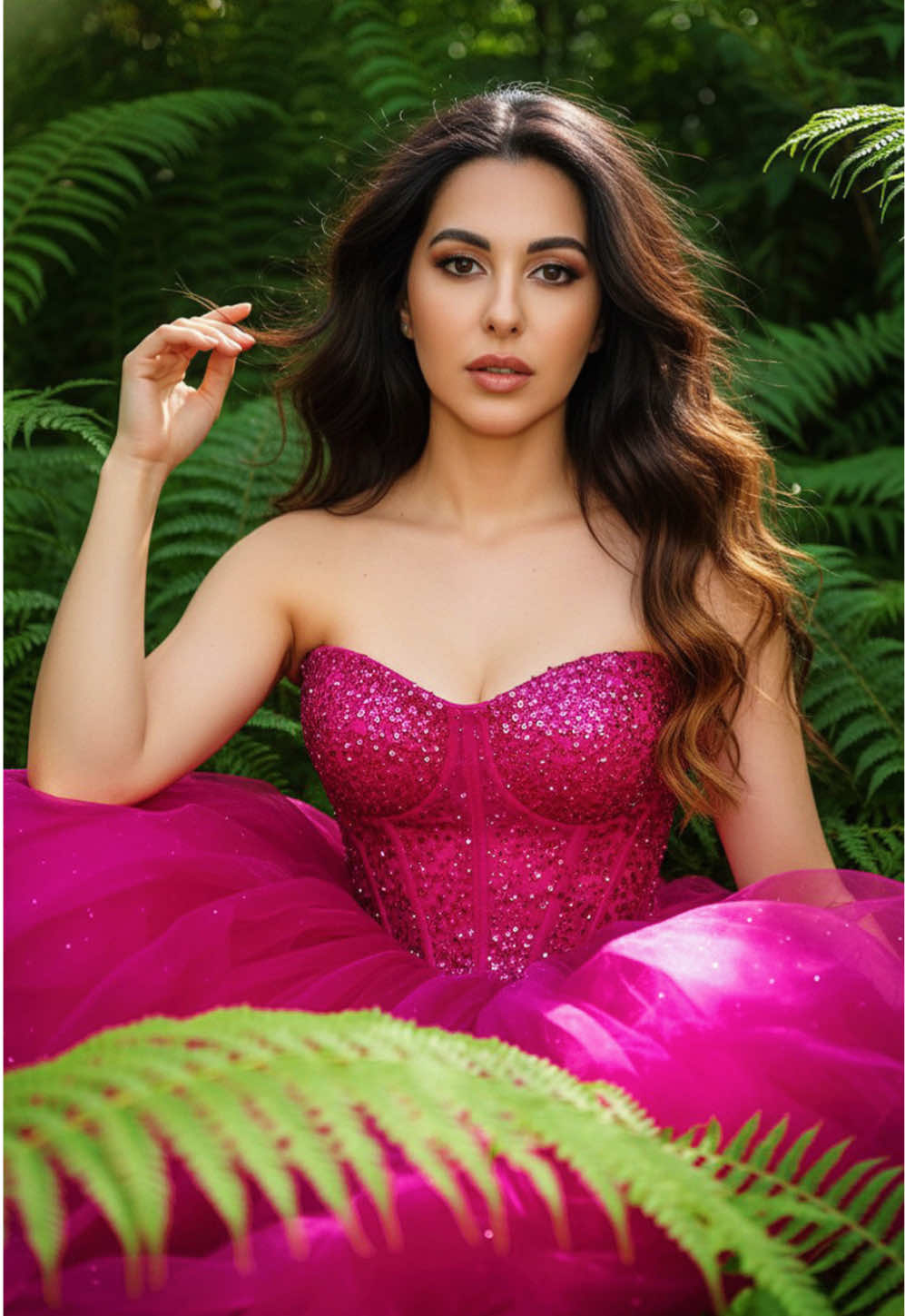 Prompt Para Gemini 🩷💚  Ultra-realistic cinematic portrait inspired by reference image IMG_1025.HEIC. A beautiful woman sits among lush green ferns, slightly turned to the side, reclining gently into the vegetation. One arm is raised, her hand resting near her hair in a natural, elegant pose. Her expression is confident and intense, with a direct gaze toward the camera and lips softly parted, radiating inner strength and calm beauty. Her long dark hair, with slightly lighter, sun-touched ends, is naturally wavy, tousled, and flowing freely down to her waist — gently moved by a soft breeze that adds life and movement to the image. Strands of hair frame her face with natural charm, enhancing the cinematic realism. Her eyes are warm brown, with reflections of natural light that convey depth and emotion. She wears a vibrant, sparkling pink dress — the top structured like a corset, detailed with sequins and shimmer, catching the light subtly. The skirt is airy and flowing, made of sheer fabric that moves slightly with the breeze, giving the dress a dynamic, ethereal appearance. The scene is surrounded by dense green ferns, rich in texture and detail. A few fern leaves in the foreground are softly blurred, creating depth, while others move gently in the wind, bringing a sense of natural motion. The background remains softly out of focus, highlighting her face and the glowing tones of her skin and dress. Photographed in full-frame with a prime lens (85–105 mm) at f/2.0, 1/200 s, ISO 200, ensuring precise focus on the face with ultra-sharp detail in the eyes, skin texture, and hair movement. The lighting is natural and cinematic, with soft filtered sunlight that passes through the foliage, creating a play of highlights and shadows on her skin and the dress. The color palette contrasts the vibrant pink fabric with the deep natural greens, emphasizing realism and warmth. The overall atmosphere is realistic, lively, and magical, blending 8K photographic clarity, natural motion, and cinematic light depth. Style: Cinematic editorial realism, wind movement in hair and fabric, lush green foliage, fine focus on face, ultra-detailed textures, natural depth of field, vivid color balance, elegant expression and energy. #gemini #ia #prompt #brasil🇧🇷 #AI 