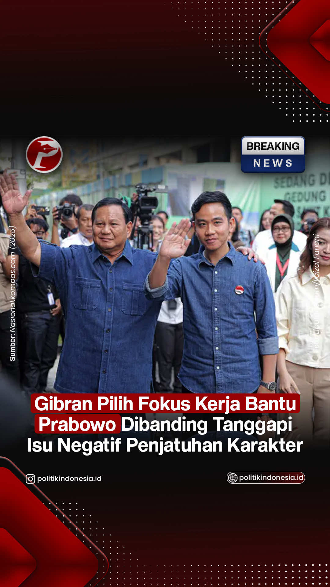 Wakil Presiden Gibran Rakabuming Raka meminta para relawan Prabowo-Gibran tidak terpancing isu-isu negatif yang menyerang dirinya ataupun pemerintahan saat ini. Menurut Gibran, isu-isu negatif tersebut hanyalah akan membuat perpecahan sehingga tercipta situasi yang tidak kondusif di kalangan relawan maupun masyarakat secara umum. 