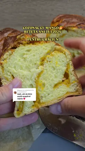 Ca răspuns pentru @annamarya.1 Cozonac pufos de casă cu mango (2 bucăți), varianta fără zahăr Ingrediente pentru aluat: 600 g făină de grâu + 100–150 g extra (pentru frământat) 20 g drojdie proaspătă 400 ml lapte cald 100 g xilitol (în loc de zahăr) 4 gălbenușuri 1 plic zahăr vanilinat (sau 1 linguriță extract de vanilie) 60 g unt moale, la temperatura camerei Coaja rasă de la ½ lămâie + ½ portocală ½ linguriță sare (pusă separat în făină) 1 lingură ulei (la final, pentru elasticitate) 🥭 Umplutură de mango (pentru un cozonac): 4 mango mari, foarte copți Câteva linguri de xilitol (după gust — eu am pus puțin, pentru că mango era foarte dulce) Curăță mango, taie-l cuburi și pasează-l în blender. Pune piureul într-o crăticioară și fierbe-l la foc mic aprox. 40 de minute, amestecând continuu, până scade și devine consistent ca o cremă. Lasă-l să se răcească complet înainte de a-l folosi. 🍫 Umplutură clasică cu cacao și nucă (pentru al doilea cozonac): 3–4 linguri cacao 2–3 linguri xilitol (sau după gust) 1 lingură lapte cald 1 albuș (pentru a lega compoziția) 200g Nuci macinate Amestecă toate ingredientele până obții o cremă groasă. 🔪 Mod de preparare: 1. Într-un bol mare, pune făina și fă o adâncitură în mijloc. 2. Dizolvă drojdia în puțin lapte cald și o linguriță de xilitol. Las-o 10 minute să se activeze. 3. Adaugă restul de lapte, gălbenușurile, xilitolul, aromele (vanilie, coajă de citrice) și untul moale. 4. Frământă 10–15 minute până devine un aluat elastic și neted. La final, adaugă puțin ulei pentru elasticitate. 5. Acoperă bolul și lasă aluatul la dospit 1–1,5 ore, până își dublează volumul. 6. Împarte aluatul în două. Întinde fiecare bucată, unge cu umplutura dorită (mango sau cacao+nucă) și rulează. 7. Pune rulourile în forme de cozonac tapetate cu hârtie de copt și mai lasă-le 20–30 minute la crescut. 8. Unge cu ou bătut deasupra, presară semințe sau migdale dacă vrei. 9. Coace la 180°C, 35–40 minute, până devin aurii și miros a sărbătoare. 💡 Tips: ✨ Poți adăuga o lingură de miere (dacă nu vrei 100% fără zahăr) pentru aromă și luciu. ✨ Dacă vrei cozonacul mai dulce, crește cantitatea de xilitol la 120–130 g. ✨ Pentru o aromă intensă, adaugă puțină esență de rom sau cardamom în umplutura de mango. #cozonac #mango #retetadecraciun #retetasimpladecozonac  #desertfarazahar 