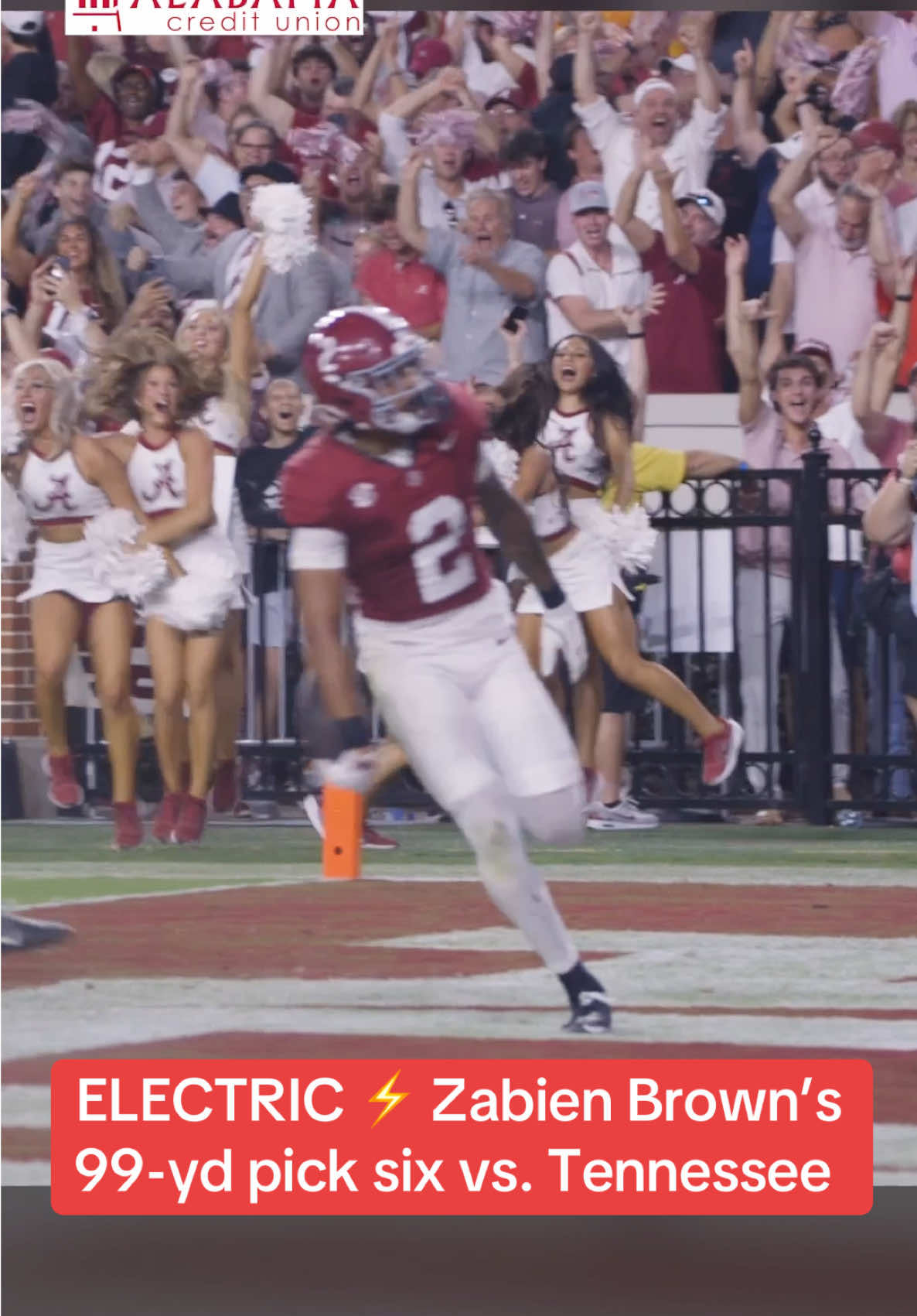 ELECTRIC ⚡️ Alabama defensive back Zabien Brown's 99-yard pick six had Bryant-Denny on another level before halftime. #RollTide #Alabama #PickSix #CollegeFootball #Bama