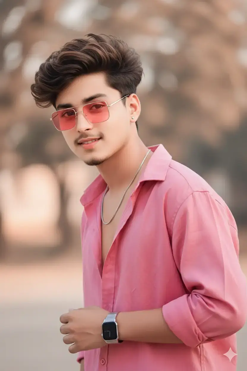 Prompt Without changing my facial features, create a stylish, modern portrait of a young man with voluminous dark hair, wearing a loose-fitting Rani pink shirt Top button down. singl accessorized with a watch and a small earring. The background is soft, minimal, and subtly blurred to emphasize a contemporary fashion-forward vifac Pink sunglasses. Cinematic lighting, ultra-detailed, realistic textures, and a polished editorial aesthetic same face.