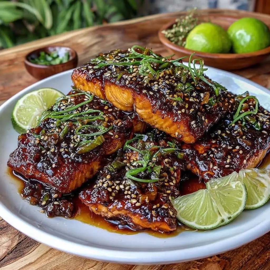 🐟 Crispy Salmon with Soy Honey Glaze 🍯🥢 Servings: 4 🍽️ Prep Time: 10 minutes ⏱️ Cooking Time: 12 minutes 🔥 Total Time: 22 minutes ⏲️ 📝 Ingredients: • 4 salmon fillets (about 170 g each) 🐟 • Salt and black pepper, to taste 🧂 • 2 tablespoons olive oil 🫒 For the Soy Honey Glaze: • 3 tablespoons honey 🍯 • 2 tablespoons soy sauce 🍶 • 1 tablespoon rice vinegar 🍋 • 1 teaspoon sesame oil 🌿 • 2 garlic cloves, minced 🧄 • 1 teaspoon grated ginger 🌿 For Garnish: • Sesame seeds ⚪ • Chopped green onions 🌱 • Lime wedges 🍋 👩‍🍳 Instructions: Prepare the Salmon: Pat the salmon fillets dry and season both sides with salt and pepper. 🐟🧂 Cook the Salmon: Heat olive oil in a non-stick skillet over medium-high heat. Place salmon fillets skin-side down and cook for 4–5 minutes until crispy. Flip and cook another 3–4 minutes until cooked through. 🍳🔥 Make the Glaze: In a small saucepan, combine honey, soy sauce, rice vinegar, sesame oil, garlic, and ginger. Simmer over low heat for 2–3 minutes until slightly thickened. 🍯🧄 Glaze the Salmon: Brush the soy honey glaze over the cooked salmon fillets and let it caramelize slightly for 1–2 minutes. 🥢✨ Serve: Plate the salmon and garnish with sesame seeds, chopped green onions, and lime wedges. Serve with steamed rice or sautéed vegetables. 🍚🥦 💡 Tips: • For extra crispiness, make sure the salmon skin is dry before cooking. 🐟 • Adjust sweetness or saltiness by tweaking honey and soy sauce amounts. 🍯🍶 • The glaze works well for other fish or chicken too. 🐔 Enjoy your crispy, sticky, and flavorful Salmon with Soy Honey Glaze! 😋🐟🍯