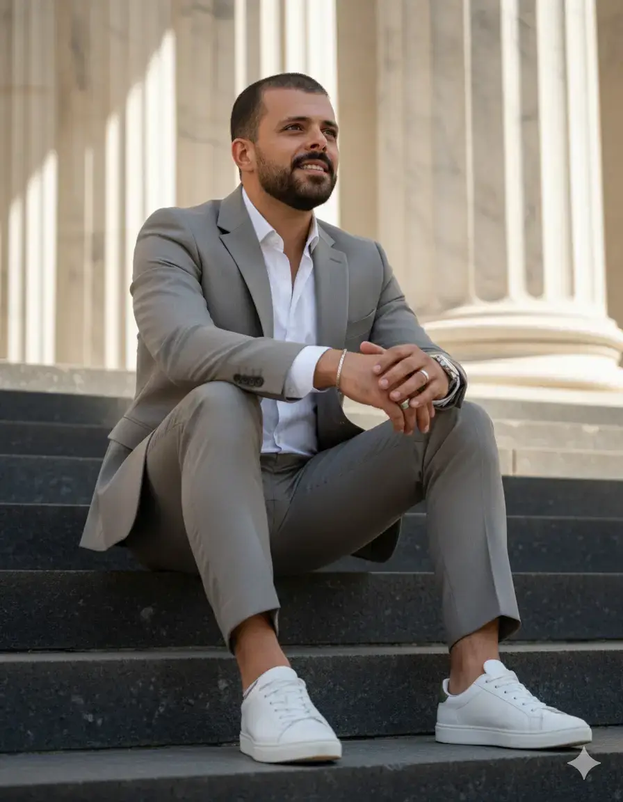 Copy text Gemini Gemini photo editing ideas gemini #eat #tutorial# ai filter effect photo Transform my photo into a hyperrealistic portrait of a handsome man sitting in a calm, thoughtful pose on ascending dark stone steps. The man is wearing a smart, contemporary taupe suit with a white shirt and crisp white leather sneakers (with his ankles exposed), and he wears a silver watch and rings. Massive classical stone columns of light marble rise behind him, creating a sharp contrast between the light background and the dark steps. The man looks up and to the right with a serene expression, his hands clasped on his knees. I used strong daylight (High Contrast) lighting, hyperrealistic 8K 3D cinematography, and meticulous attention to detail in the fabric texture and stone steps.