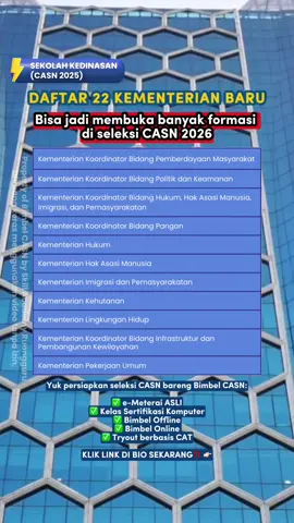 Hampir 1 tahun berjalan terdapat beberapa kementerian baru. Potensi kebutuhan akan formasi di prediksi akan bertambah dengan bermunculannya beberapa kementerian baru ini. Apakah kamu siap menyambut seleksi CPNS 2026? Nah, Bimbel CASN by Skill Academy Ruangguru mau bantu kamu lulus sampai jadi PNS. Berawal dari seleksi administrasi sampai tes SKD. Karena Skill Academy memiliki beberapa paket diantaranya ⬇️ ✅ e-Meterai ASLI ✅ Kelas Sertifikasi Komputer ✅ Bimbel Offline ✅ Bimbel Online ✅ Tryout Berbasis CAT Jangan ragu lagi jika kamu sangat ingin menjadi PNS. Daftarkan diri kamu dengan cara KLIK LINK DI BIO SEKARANG‼️ 👉🏻 #cpns #cpns2026 #luluscpns #bimbelcasn #casn2026 