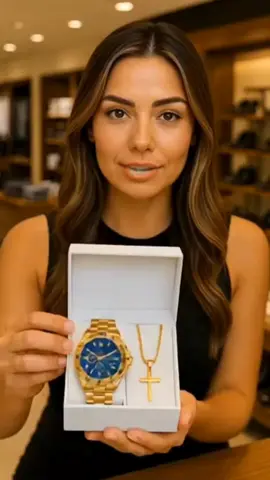 Relógio masculino dourado com aço inoxidável resistente a água + Cordão de Cruz Brinde 