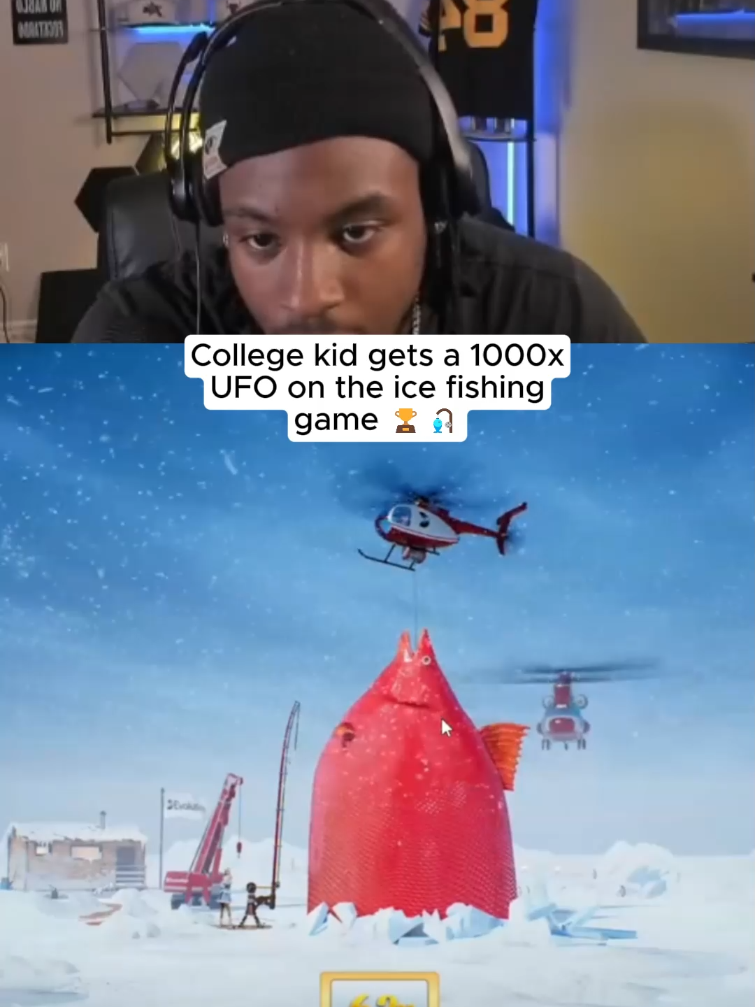 College kid gets a 1000x UFO on the ice fishing game 🏆🎣 #kickstreaming