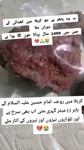 یہ وہ پتھر ہے جو کربلا میں کھدائی کے دوران ملا جس میں 1400 سال پرانا خون لگا ہوا ہے 😭😭😭😭😭😭😭😭😭#growmyaccount✅ ہائے مظلوم حسین ع میرا مظلوم حسین ع 💔💔💔😭😭#fypシ゚ #foryou🦋✨シ♡foryoupage🦋 #creatorsearchinsights #3millionnviewsplz🙏🙏 