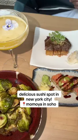 a delicious sushi spot in new york city in soho! 📍momoya - soho the drinks were amazing, the appetizers of brussel sprouts & crispy rice were delicious, and the sushi was so fresh & melted like butter in your mouth 🤤  such a good find and highly recommend!!🍣 #newyorkcity #newyorkrestaurants #momoya #nycfood #nycsushi 