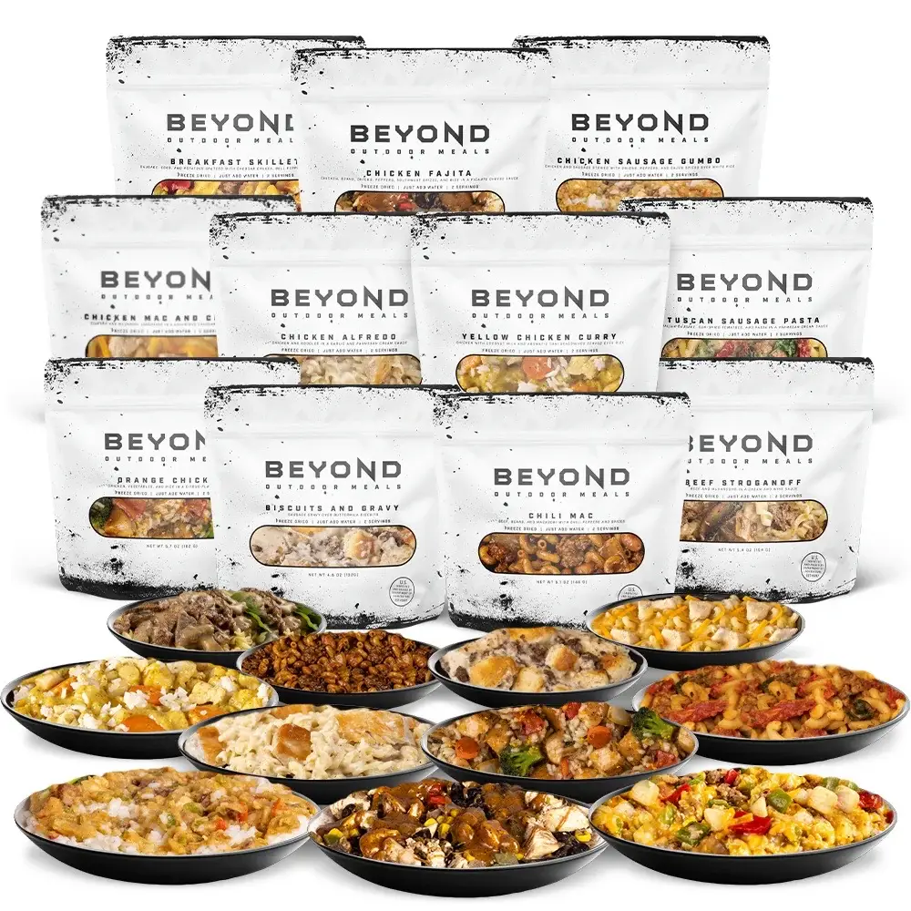 This 4-day meal kit from Beyond Outdoor Meals is your ticket to staying fed, and staying alive, off-grid. It contains eleven of their most popular on-the-go meals for 96 hours' worth of easy meals. Start your day off strong with our satisfying breakfast options: Biscuits & Gravy or the Breakfast Skillet. Chow down on Chili Mac, Chicken Mac & Cheese, or Chicken Alfredo for a filling lunch. Then finish off the day with a protein-packed punch from our Orange Chicken, Beef Stroganoff, Tuscan Sausage Pasta, or the latest additions, Yellow Chicken Curry, Chicken Fajita, and Chicken Sausage Gumbo. Extended Shelf Life, Minimal Prep Time With a shelf life of up to 10 years*, these meals are ready for action. But a long shelf life doesn't equal lengthy preparation! Simply add a cup of boiling water, stir, and wait approximately 10 minutes. Voila! You've got a warm, gratifying meal ready to savor. Zero complicated cookery required. #offgridliving #survival #prepping #desertlife #Hiking https://www.campingsurvival.com/?_ef_transaction_id=&utm_source=everflow&utm_medium=aff&utm_campaign=&utm_term=835&utm_content=&oid=7&affid=835