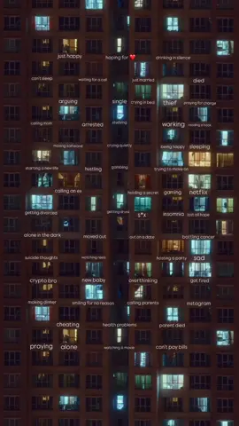 Every window holds a life a heartbeat, a secret, a moment that no one else will ever see. Some are laughing, some are breaking, some are simply trying to make it through another night. It’s strange how close we are, and yet how little we know about the worlds glowing beside ours. Behind every light, a story and maybe, somewhere in the dark, someone feels the same way you do. And that’s the quiet beauty of it we pass by thousands of lives every day, never realizing how many silent universes exist within a single building, a single street, a single glance. Each flicker behind the glass is proof that life goes on that hope still hums softly between walls, that love, pain, and everything in between are happening all at once, everywhere. Maybe that’s what connects us not knowing each other, but feeling that we could. #fyp #share #viral #selfawareness #life 