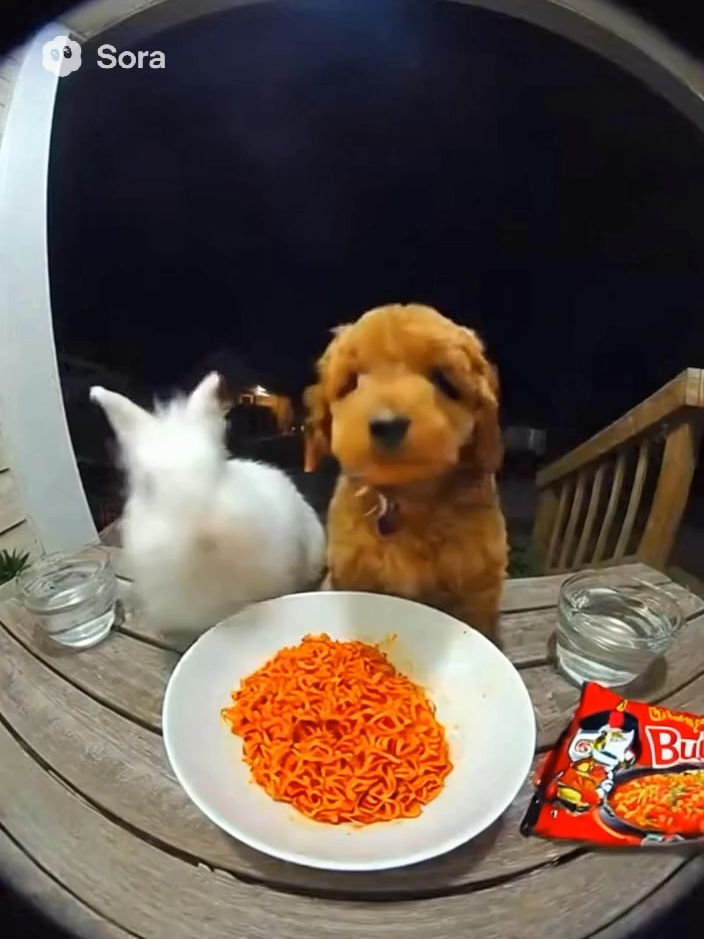 They both tried spicy ramen at midnight… and instantly regretted it 🌶️🐰🐶💦 #caughtoncamera #rabbit #puppy #spicychallenge #buldakramen #funnyanimals #doorbellcam #viralvideo #fyp