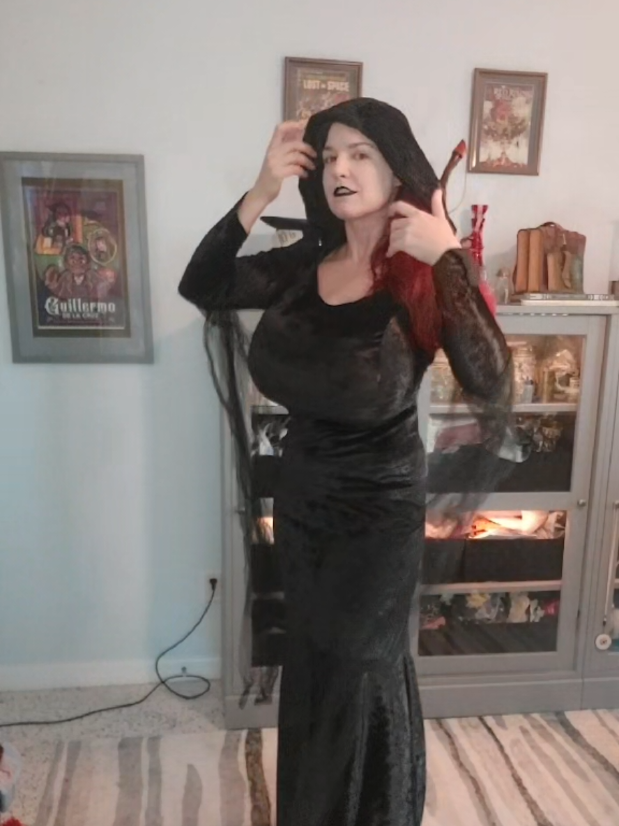 My morticia gown has pockets AND a hood #sewing #cosplay #chimeracostumes 