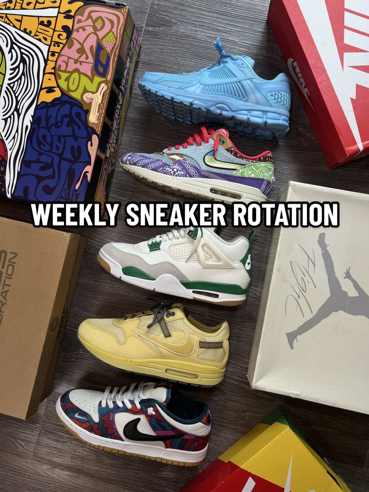 part 5 | weekly sneaker rotation 💥 1. Jordan 4 Retro SB Pine Green 2. Nike Air Max 1 SP Concepts Far Out 3. Nike SB Dunk Low Pro Parra Abstract Art (2021) 4. Nike Air Max 1 Travis Scott Cactus Jack Saturn Gold 5. Nike Zoom Vomero 5 Lakeside Which pair is your favorite❔ LET ME KNOW⬇️⬇️⬇️⬇️ #sneakers #sneakerhead #sneakeraddict #shoerotation #sneakercollection