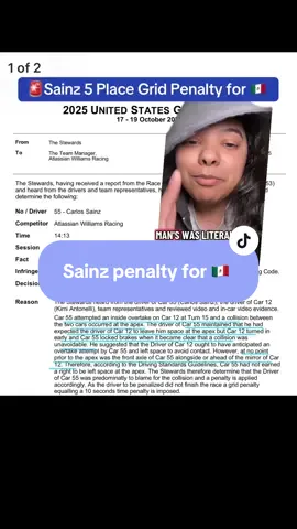 Carlos Sainz has been given a five place going grid penalty for the Mexican GP after colliding with Kimmy Antonelli during the race at COTA  #carlossainz #kimiantonelli #cota #f1 #f1news 