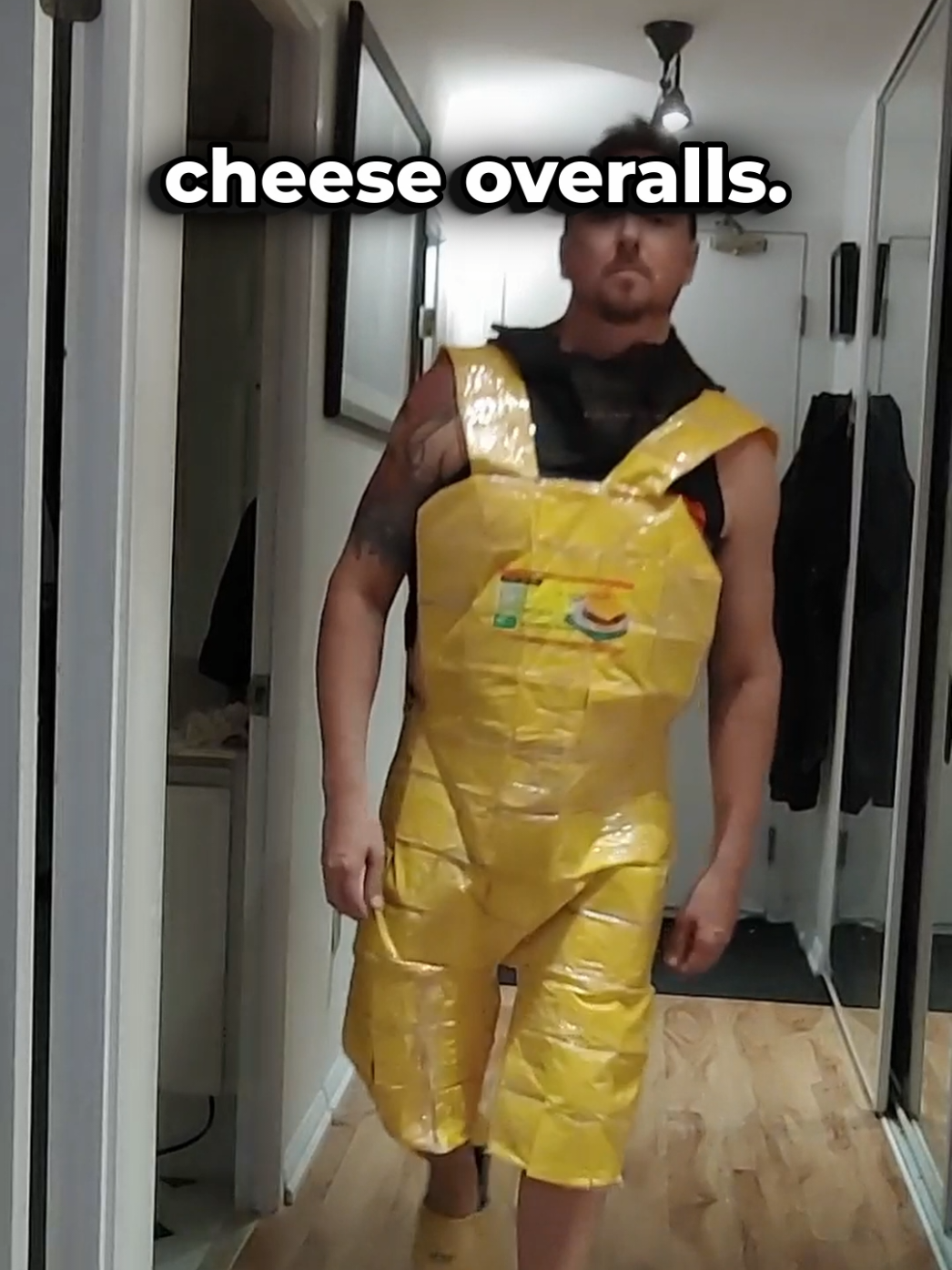 I went to an Everything But Clothes party yesterday. It's basically an event where guests create an outfit using materials that are not traditional clothing. The look I chose was overalls made entirely of cheese slices, paired with matching cheese slice shoes. It's playful, daring, and deliciously unconventional, turning everyday comfort food into a true fashion statement. #fashion 