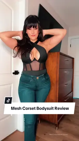 Mesh Corset Bodysuit Review • GBELLA crisscross halter with heart cut-out and mesh panels. Product is tagged. Tap to shop • Would you wear black, white, or brown? #FitCheck #OOTD #bodysuit #TikTokShop #tryonhaul