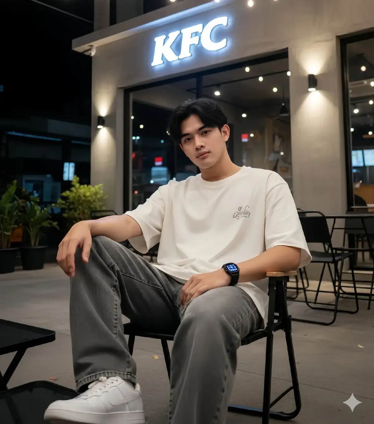 📌prompt 👇  Buat seorang pria muda menggunakan wajah saya dengan rambut berantakan koma, dia duduk santai dengan pose terbaik. di kursi lipat hitam di area luar ruangan kafe malam bernama 