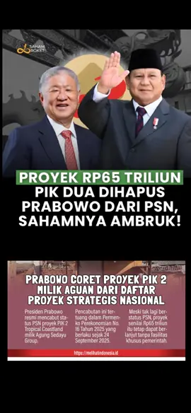 ✅ Presiden Prabowo Coret Proyek PIK 2 AGUAN * Pemerintahan Prabowo akhirnya menghapus proyek pengembangan Pantai Indah Kapuk 2 (PIK 2) Tropical Coastland dari daftar proyek strategis nasional  Pencoretan proyek garapan Agung Sedayu Grup milik Sugianto Kusuma alias Aguan ini tertuang dalam Peraturan Menteri Koordinator Bidang Perekonomian Nomor 16 tahun 2025.  Permenko ini resmi ditetapkan pada 24 September 2025. Dalam beleid itu, Proyek PIK 2 Tropical Coastland dinyatakan dihapus. Sebelumnya, proyek tersebut masuk dalam daftar PSN yang termuat di Peraturan Menteri Koordinator Perekonomian Nomor 12 tahun 2024. Dalam peraturan itu, proyek PIK 2 Tropical Coastland berada dalam urutan 26 dalam kategori PSN sektor pariwisata. Penghapusan proyek garapan Aguan itu merupakan tindak lanjut dari putusan Mahkamah Agung. Perubahan dan pencoretan itu juga dilakukan dengan alasan sinkronisasi proyek atau program sesuai dengan pemutakhiran Rencana Kerja Pemerintah Tahun 2025. Penetapan status PSN PIK 2 Tropical Coastland memang menuai kontroversi dan dikaji ulang oleh Presiden Prabowo Subianto. Sorotan itu disampaikan oleh Menteri ATR/Kepala BPN Nusron Wahid. Sorotan muncul karena proyek tata ruang pengembangan PantaiPantai Indah Kapuk 2 melakukan dugaan pelanggaran.  Salah satunya sebagian area proyek strategis di PIK 2 yang berada di kawasan hutan lindung. Polemik muncul sejak status PSN untuk PIK 2 diberikan pemerintahan Presiden Joko Widodo kepada Aguan. *sumber merdeka.com #beritatiktok #proyek #pik2 #prabowo #fyp