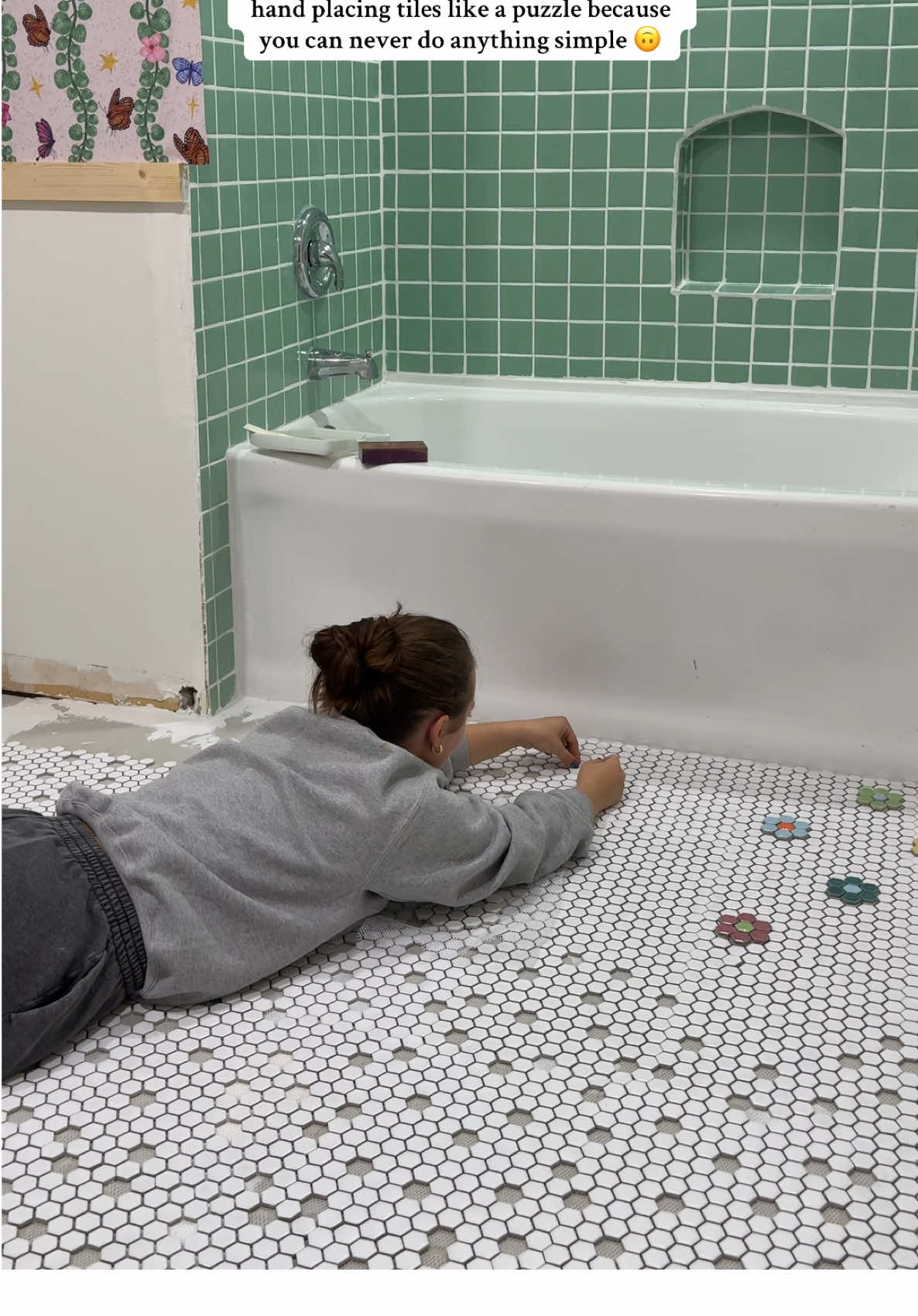 sneak peak since yall have been waiting so long.. as you can see i like to make things as hard as possible. looks exactly how i wanted it too though, cant wait to show you guys☺️🙂🥰 #bathroom #bathroomrenovation #DIY #diyproject #bathroommakeover bathroom renovation bathroom diy diy project home project renovation 