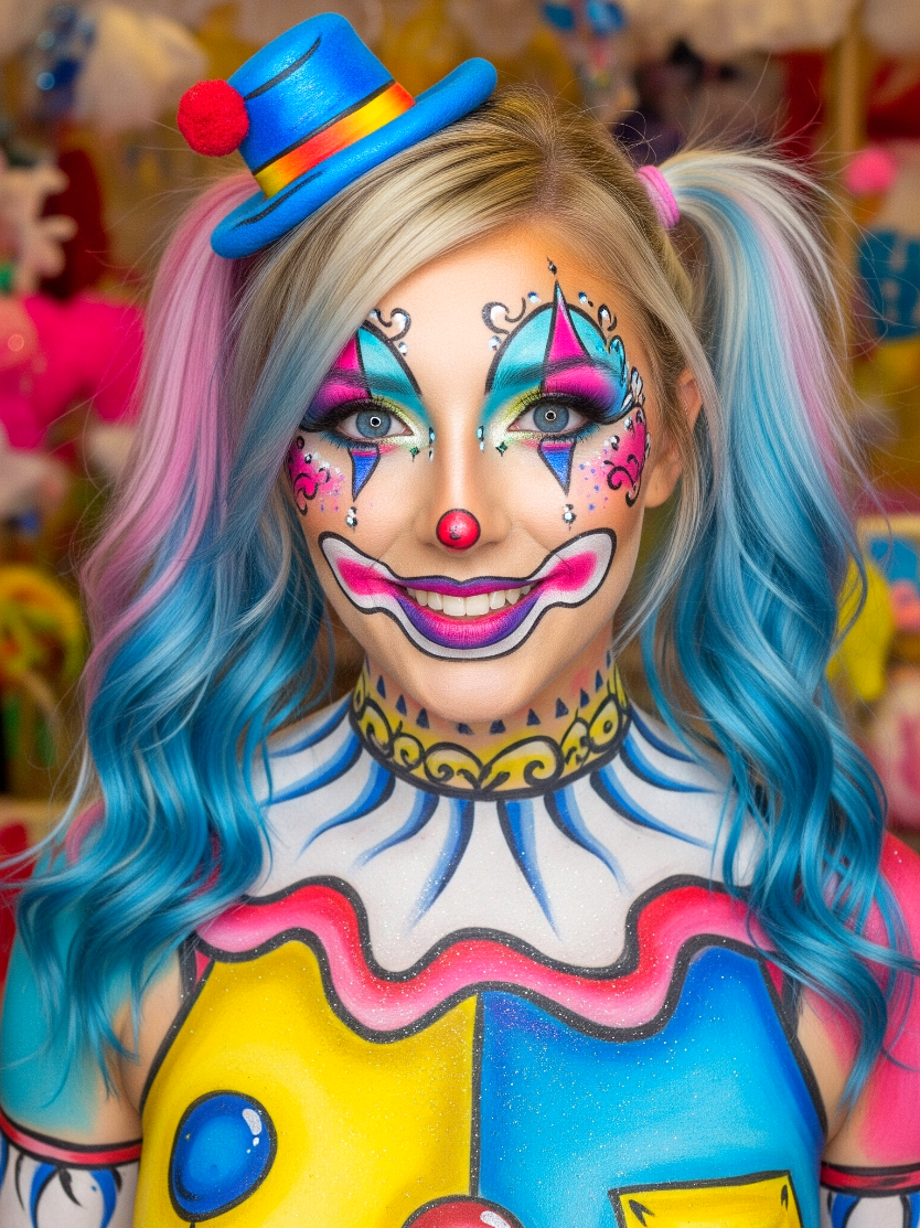 Pop art clown girl dance.  #clown #clownmakeup #bodyart #clowncheck #popart 