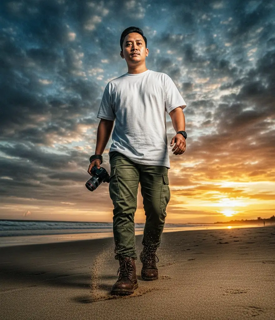 Fotografi ultra-realistis. Seorang pria Indonesia berusia 27 tahun, foto dramatis dari sudut rendah seorang pria berjalan di pantai berpasir saat matahari terbenam, mengenakan celana kargo taktis, sepatu bot tebal, menendang pasir di setiap langkahnya. Ia memegang kamera DSLR di satu tangan, dan wajahnya sedikit menoleh ke arah kamera, memberikan pandangan sekilas yang halus. Langit dipenuhi awan dramatis dan warna gradasi yang kaya—biru tua berpadu dengan rona jingga keemasan. Komposisi, pencahayaan sinematik dinamis, perspektif sudut lebar, detail tekstur di pasir dan langit. Suasana tajam dan sendu. Foto diambil dari permukaan tanah, tekanan gerakan dan perspektif. #gemini  #chatgpt  #Ai 
