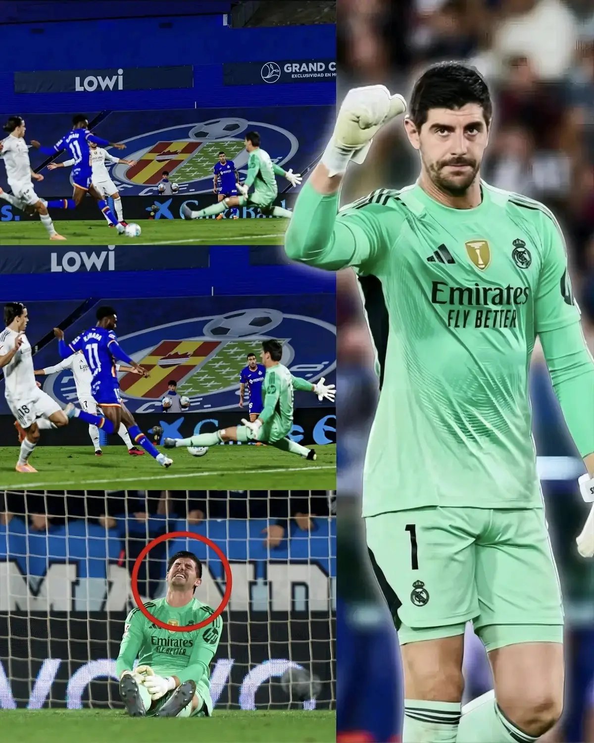 🧤 Thibaut Courtois volvió a ser el héroe. En el último minuto del partido realizó una tapada increíble, casi lesionándose en la jugada. 😣💥 Su rostro lo decía todo: dolor, esfuerzo y compromiso absoluto. Pero, como siempre, defendió el escudo y la camiseta del Real Madrid con el alma. ❤️⚔️ Courtois, el guardián eterno del arco blanco. 🏰🇧🇪