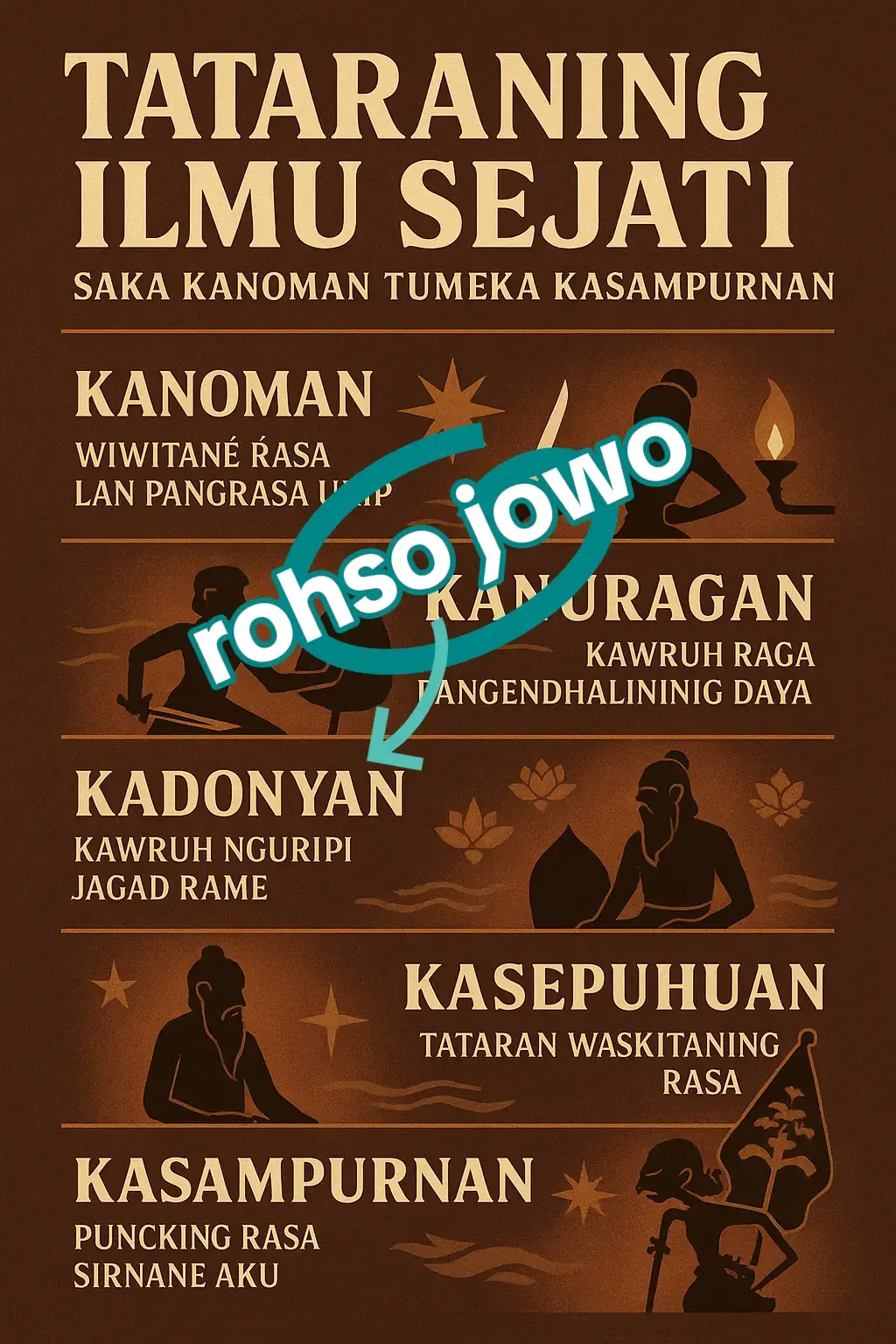 Tataraning Ilmu Sejati: Saka Kanoman Tumeka Kasampurnan --- 🕯 1. Kanoman – Wiwitané Rasa Lan Pangrasa Urip Kanoman iku tataran kawruh kang dadi wiwitaning laku urip. Wong sing isih ana ing kanoman durung bisa ngendhalèkaké karepé dhéwé, seneng ngoyak pamuji lan kepéngin katon unggul. Kanoman ora ateges umur enom, nanging kahanan jiwa sing durung wening. Ing tataran iki, rasa manungsa isih gumantung marang donya njaba. Suka lan lara, bungah lan gelo, gumantung marang apa sing katon. Nanging saka kéné rasa wiwit kawangun: saka kagol dadi pangeling, saka gagal dadi piwulang. > “Wong kanoman sinau saka salahé dhéwé, amarga saben keliru iku panggonan kawruh.” Kanoman mulang manawa rasa kudu digedhèkaké luwih dhisik sadurungé ngudi kawruh njaba. Iki dhasar kanggo mlebu tataran luwih luhur. --- ⚔️ 2. Kanuragan – Kawruh Raga, Pangendhalining Daya Kanuragan iku ora mung babagan kasekten raga, nanging pangrasa kanggo nguwasani tenaga, ambegan, lan karep. Wong sing sejati kanuragan ora adigang, nanging bisa menang tanpa ngasoraké, bisa kuwat tanpa nguwasani. Kanuragan sejati iku tata raga kang disinau liwat olah napas, olah batin, lan olah panggalih. Nafas dudu mung ambegan, nanging pralambang urip saka Gusti sing kudu diatur kanthi sadar. Saben napas sing eling, iku sembahing urip. Kanuragan mulang disiplin, sabar, lan eling ing saben gerak. > “Nguripaké tenaga nganggo pangrasa, ngendhalèkaké tenaga nganggo eling.” Wong sing mung pinter ngolah tenaga, nanging ora waspada marang pangrasa, isih kanuragan kasar. Wong sing bisa ngrasakake tenaga minangka pepadhanging urip, iku wis mlebu tataran alusé kanuragan. --- 💰 3. Kadonyan – Kawruh Nguripi Jagad Rame Kadonyan iku tataran nalika manungsa sinau urip bebarengan karo jagad lan makhluk liya. Ing kéné kawruh ora mung bab dhuwit, pangkat, utawa kalungguhan, nanging kawruh ngatur lakon supaya donya dadi papan pangreksa, dudu panggoda. Wong sing ana ing kadonyan sinau ngatur keseimbangan antarane rasa lan kabutuhan. Donya iki ora kudu ditinggal, nanging ora kena didadèkaké tujuwan utama. > “Bandha iku titipan, ora kanggo digegem, nanging kanggo dienggo ngluhuraké panguripan.” Kadonyan iku panggonan ujian paling abot, amarga ing kéné napsu, karep, lan pamrih padha nyedhaki. Nanging yen manungsa wis bisa urip ana ing donya tanpa didadèkaké budhaké donya, dheweke wis wiwit ngerti makna sejatining urip. Wong sing wis waskita ing tataran kadonyan bakal ngerti, yen kabegjan sejati dudu saka apa sing duwé, nanging saka sepira bisa nrimo lan eling ing saben kahanan. --- 🌿 4. Kasepuhan – Tataran Waskitaning Rasa Kasepuhan dudu perkara umur, nanging tataraning rasa sing wis matang lan wening. Wong kasepuhan iku wis bisa nyawang urip kanthi jembar, ora gumun marang kabegjan lan ora susah nalika ngalami kasangsaran. Saben sing teka ditampa, saben sing lunga diikhlaské. > “Sepuh iku dudu tuwa, nanging rasa kang wus wening.” Wong kasepuhan wis ora pamer kawruh, ora ngunggulaké laku, lan ora gumunggung atas ngerti akeh. Pangucapé alon nanging jero, tumindaké prasaja nanging ngandhut pepadhang. Ing tataran iki, rasa manungsa wiwit nyawiji karo tatananing jagad. Dheweke ngerti yen kabeh sing dumadi ana pepesthén lan tatananing Gusti, lan saben laku mung titah kang ngemban dhawuh. Kasepuhan iku tataran nalika manungsa wiwit ngerti urip ora kudu dimenangaké, nanging kudu dirasakake kanthi wening. --- 🔱 5. Kasampurnan – Puncaking Rasa, Sirnané Aku Kasampurnan utawa kadampurnan iku pucuking kawruh, nalika rasa manungsa wis sirna saka pamrih pribadi, lan nyawiji marang asalé. Ing tataran iki, “aku” ora ana, sing ana mung “urip” — lan urip iku Gusti. Kasampurnan ora bisa digayuh nganggo laku pamer, ora teka saka tapa kang suwe, nanging saka weninging rasa lan pasrah sejati. Wong sing sampurna iku ora gumunggung suci, amarga rasa suciné ora saka tembung, nanging saka pepadhanging atiné. > “Wong kang wus sampurna, ora rumangsa dadi Gusti, nanging ngerti yen ora ana kang liya kejaba gusti
