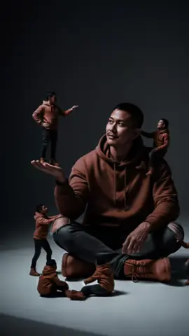Use original face, hair and body shape as attached. Creative surreal portrait of a man sitting on the floor wearing a dark yellow hoodie, ripped grey pants, and yellow boots, surrounded by several miniature versions of himself.  Several smaller versions stand on his hands, shoulders, and around him on the floor, interacting playfully with the larger versions.  The light gray background is dark minimalist, clean and simple.  The lighting is soft and cinematic, with realistic shadows and depth of field. #promptgemini #promptai #gemini #trending #fyp 