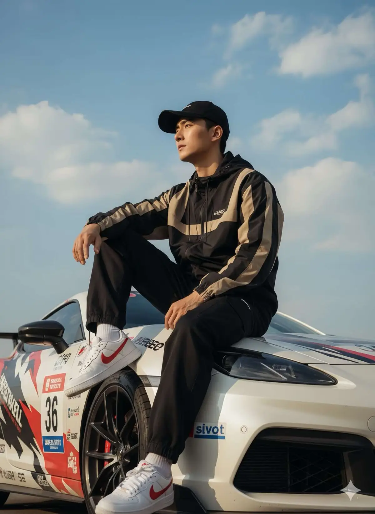 1. Open Gemini 📲 2. Upload your image 📸 3. Copy the Prompt👇  A young man wearing a black baseball cap sits on the roof of a white car covered with racing stickers. He is dressed in a black and beige striped windbreaker, black pants, and white sneakers with a red Nike logo. The scene is captured in soft daylight under a clear sky with light clouds. The lighting is warm and cinematic, with high contrast and a film-like tone. The man looks to the side with a calm, thoughtful expression. Cinematic atmosphere, warm sunlight, realistic details, depth of field, soft shadows, film grain texture, natural color grading, 8K ultra-detailed, 9:16 aspect ratio. #genanhai #aiart #photo #gemini #fyp  