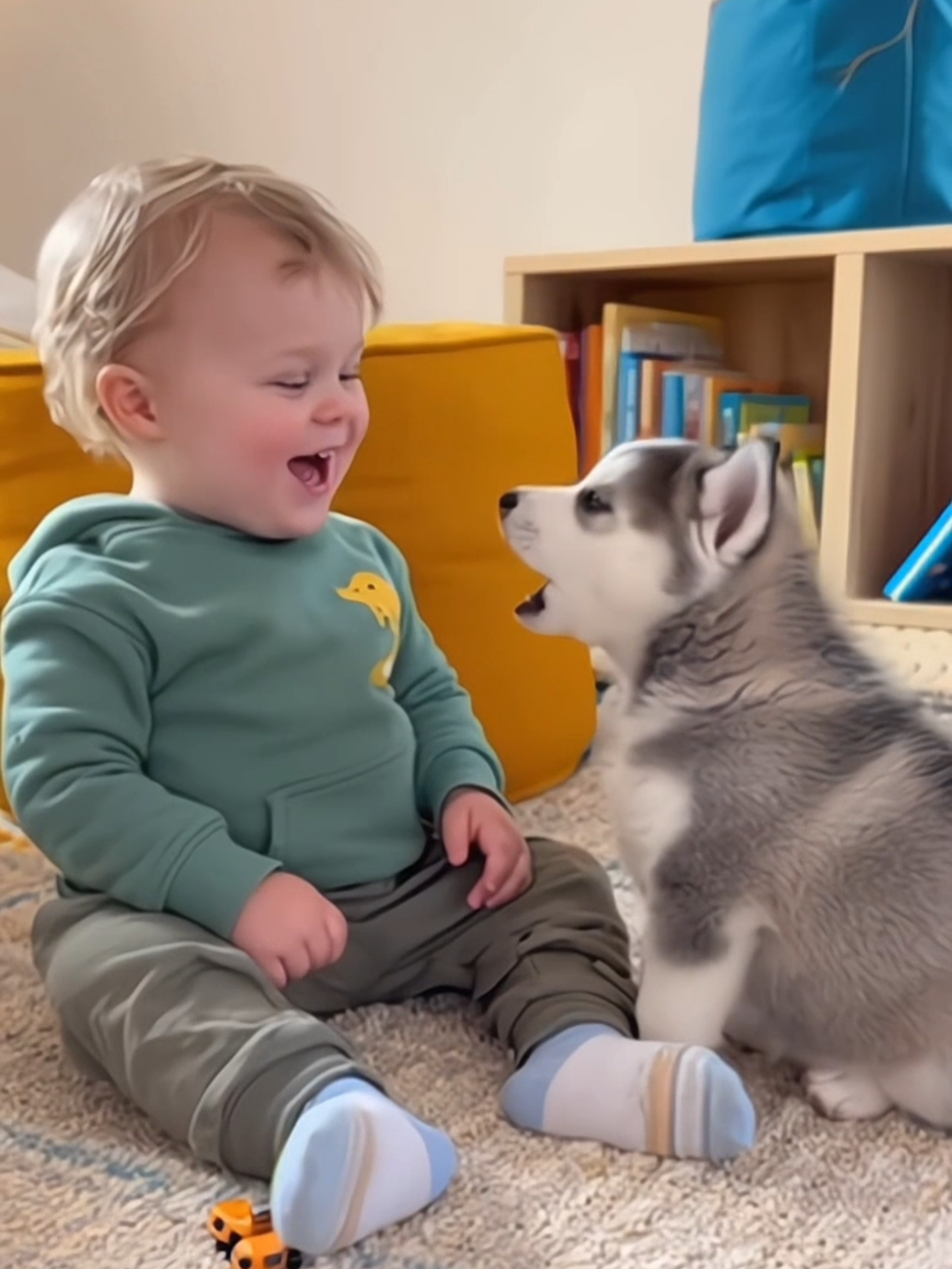 The puppy tried to start a fight with the baby 😂 That puppy 