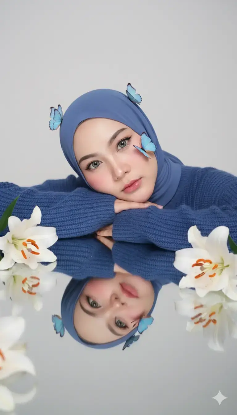 Cara edit foto di Gemini AI: 1. masuk ke aplikasi google Gemini 2. tekan tanda (+) 3. masukan foto di galeri yg ingin di edit 4 salin prompt nya👇🏻💙 Buat Potret seorang perempuan muda berhijab berwarna biru, mengenakan sweater rajut biru tua, berpose artistik dengan wajah bertumpu pada tangan di atas meja reflektif hitam mengkilap. Di sekitar meja terdapat bunga lily putih segar dengan putik oranye, dan beberapa kupu-kupu biru kecil beterbangan serta menempel di wajah dan hijabnya. Suasana foto bernuansa dreamy, lembut, dan penuh ketenangan, dengan pencahayaan studio yang halus dan fokus pada ekspresi wajah yang anggun. Komposisi menampilkan refleksi wajah di permukaan meja, memberikan kesan estetis dan artistik. Warna dominan: biru pastel, putih, hitam elegan. Detail realistik, high resolution, gaya fotografi profesional dengan nuansa fine art. #edit #editgeminiai #gemini #geminiAI #prompt #trending #viral #fyp #foryou #foryoupage 