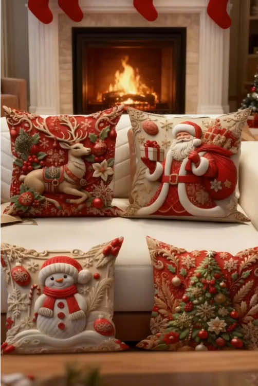 ❄️🎄Luxury Christmas Pillow Covers 4pcs Santa Reindeer Snowman Floral Tree Red Gold Polyester 2D Print No Insert Festive#ChristmasDecor #HolidayHomeStyle #CozyLivingRoom #HomeDecorTrends #3DCushionCovers 