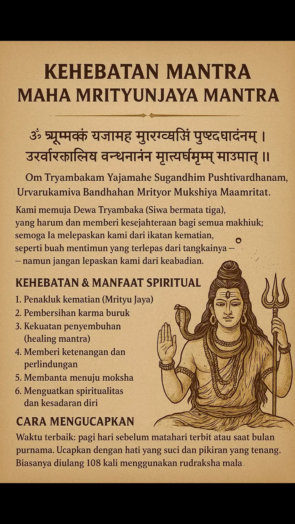 Mantra Maha Mrityunjaya adalah salah satu mantra paling sakral dan kuat dalam agama Hindu, yang dipersembahkan kepada Dewa Siwa dalam wujud Rudra, sang penakluk kematian. Mantra ini juga disebut “Mantra Penakluk Kematian” atau “Triyambaka Mantra”, dan bersumber dari Rig Veda (7.59.12). Berikut penjelasan tentang kehebatan dan maknanya 👇 ⸻ 🌿 Bunyi Mantra ॐ त्र्यम्बकं यजामहे सुगन्धिं पुष्टिवर्धनम् । उर्वारुकमिव बन्धनान् मृत्योर्मुक्षीय माऽमृतात् ॥ Om Tryambakam Yajamahe Sugandhim Pushtivardhanam, Urvarukamiva Bandhanan Mrityor Mukshiya Maamritat. ⸻ 🔱 Makna Umum Mantra ini berarti: “Kami memuja Dewa Tryambaka (Siwa bermata tiga), yang harum dan memberi kesejahteraan bagi semua makhluk; semoga Ia melepaskan kami dari ikatan kematian, seperti buah mentimun yang terlepas dari tangkainya — namun jangan lepaskan kami dari keabadian.” ⸻ ⚡ Kehebatan & Manfaat Spiritual 	1.	Penakluk kematian (Mrityu Jaya): Melindungi dari bahaya maut, penyakit berat, dan bencana. Dikenal ampuh untuk memohon panjang umur dan kesehatan. 	2.	Pembersihan karma buruk: Getaran mantra ini diyakini membakar dosa dan karma negatif, membawa kedamaian batin. 	3.	Kekuatan penyembuhan (healing mantra): Banyak digunakan dalam pengobatan tradisional Hindu untuk mempercepat pemulihan orang sakit — baik fisik maupun spiritual. 	4.	Memberi ketenangan dan perlindungan: Membebaskan dari rasa takut, kecemasan, dan kesedihan. Energi mantra menciptakan aura perlindungan ilahi. 	5.	Membantu menuju moksha: Dengan rajin mengucapkannya, seseorang diyakini akan terbebas dari samsara (lingkaran kelahiran dan kematian) dan mendekat pada moksha. 	6.	Menguatkan spiritualitas dan kesadaran diri: Menghubungkan diri dengan kekuatan Siwa — kesadaran tertinggi, keheningan, dan kebijaksanaan sejati. ⸻ 🔔 Cara Mengucapkan 	•	Waktu terbaik: pagi hari sebelum matahari terbit atau saat bulan purnama. 	•	Ucapkan dengan hati yang suci dan pikiran yang tenang. 	•	Biasanya diulang 108 kali menggunakan rudraksha mala. ⸻ Apakah kamu ingin saya buatkan poster spiritual tentang Maha Mrityunjaya Mantra dengan makna dan manfaatnya juga? Itu akan sangat bagus untuk penyuluhan atau konten edukatif Hindu.