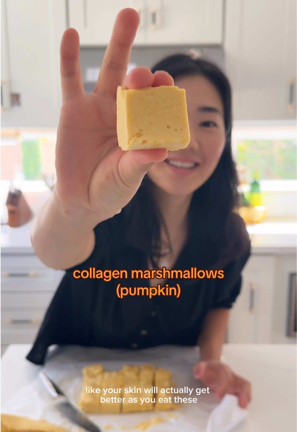 i’ve tried so many snackable marshmallows but now that i know i can make collagen ones at home… i’m never going back 😭 48g protein and only 2g sugar for the whole batch?! literally dessert that makes your skin better. ingredients: • ¼ cup grass-fed gelatin • 1 cup allulose • ⅓ cup pumpkin purée • 1 tsp cinnamon •1 tsp flaky salt • 1 cup water recipe: 1. add gelatin + 1/2 cup water to a large mixing bowl 2. in a saucepan, simmer 1/2 cup water, allulose, pumpkin purée, cinnamon + salt until bubbling 3. slowly pour hot mixture into gelatin bowl 4. whisk on high for ~10 mins until fluffy + whipped 5. pour into parchment-lined dish + let set in fridge ~1 hour 6. cut into cubes (dust with powdered allulose if needed) storage: • airtight container at room temp: 1–2 weeks • freeze up to 3 months — thaw before eating pro tip: perfect for hot chocolate, rice crispy treats, or guilt-free snacking ✨ #collagenmarshmallow  #proteindessert #p#pumpkinseasonbette#betterforyouhmallow 
