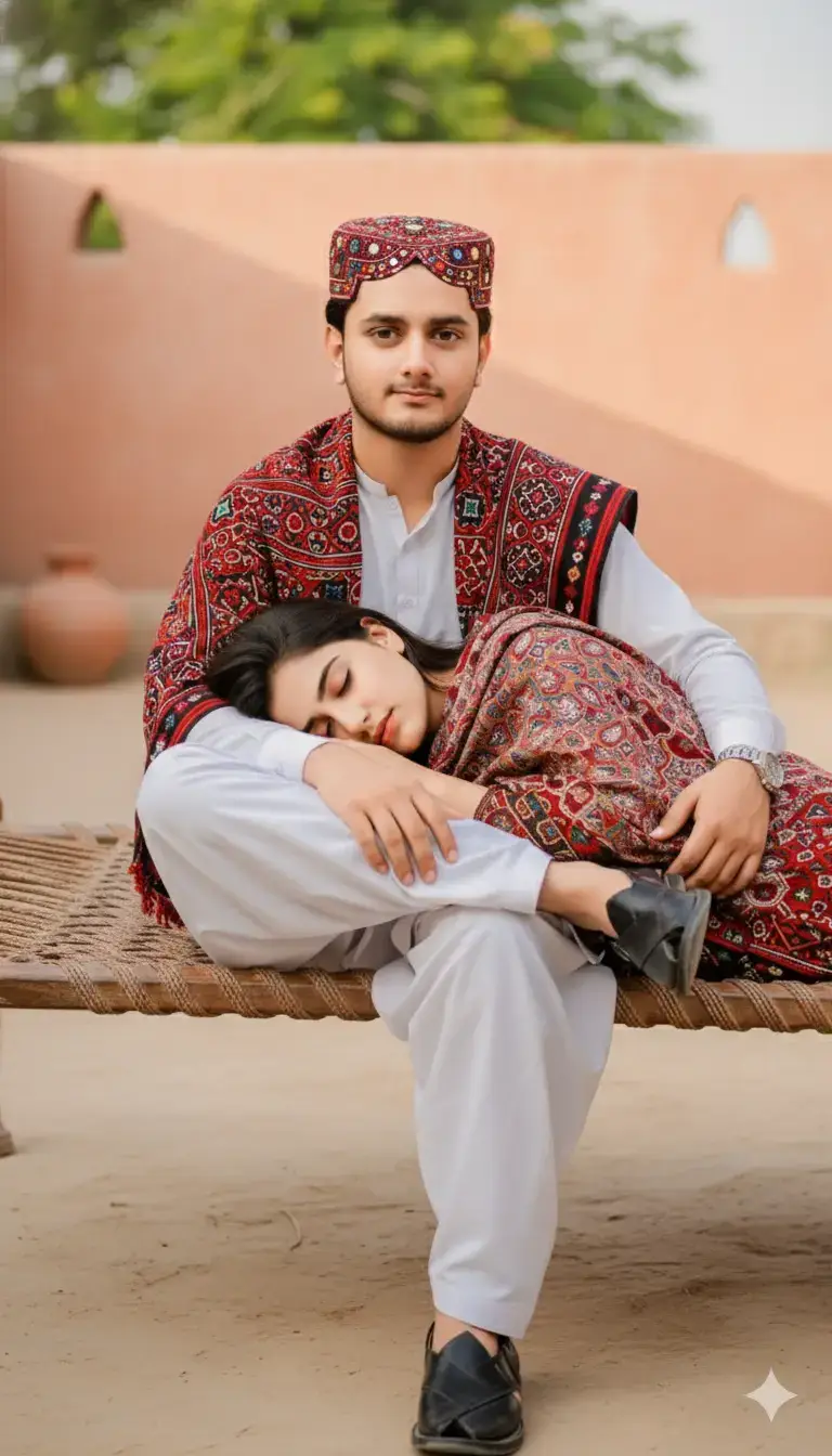 A traditional cultural Sindhi man sitting and thinking deeply, wearing a classic Sindhi topi with detailed embroidery, ajrak draped gracefully shoulders, dressed in traditional Sindhi shalwar kameez. Natural soft light, realistic skin texture, cinematic colors, authentic Sindhi cultural vibe, high-resolution portrait photography style, ultra-detailed face, sharp focus, background