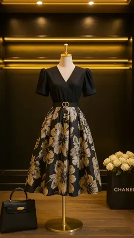 ✨ Keanggunan dalam setiap langkah. Dress hitam floral emas untuk tampilan yang elegan dan berkelas. 🌸🖤 #OOTD #dress #