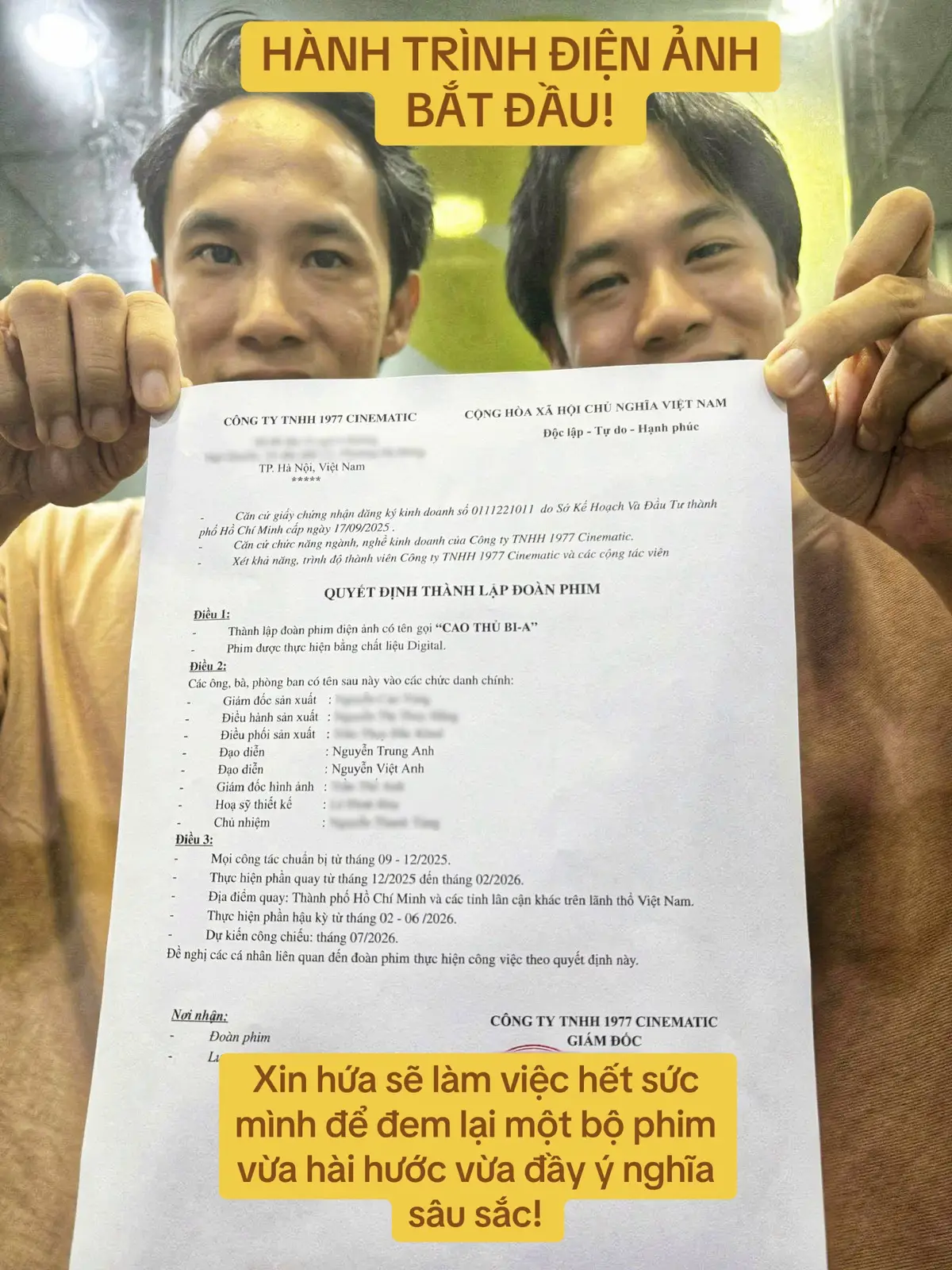 HÀNH TRÌNH ĐIỆN ẢNH BẮT ĐẦU!  Quyết định thành lập đoàn phim: Cao Thủ Bi-A: Đại Chiến Với Q.u.ỷ D.ữ! Biên kịch và Đạo diễn: Nguyễn Trung Anh - Nguyễn Việt Anh. Xin hứa sẽ làm việc hết sức mình để đem lại một bộ phim vừa hài hước vừa đầy ý nghĩa sâu sắc! Bọn mình sẽ dùng hết đam mê, sáng tạo để thực hiện công việc này, vì tôn trọng khán giả, cũng chính là tôn trọng bản thân mình! Mọi người hãy dõi theo và ủng hộ hành trình vươn tới giấc mơ điện ảnh này của bọn mình nhé! 🥰 #1977vlog