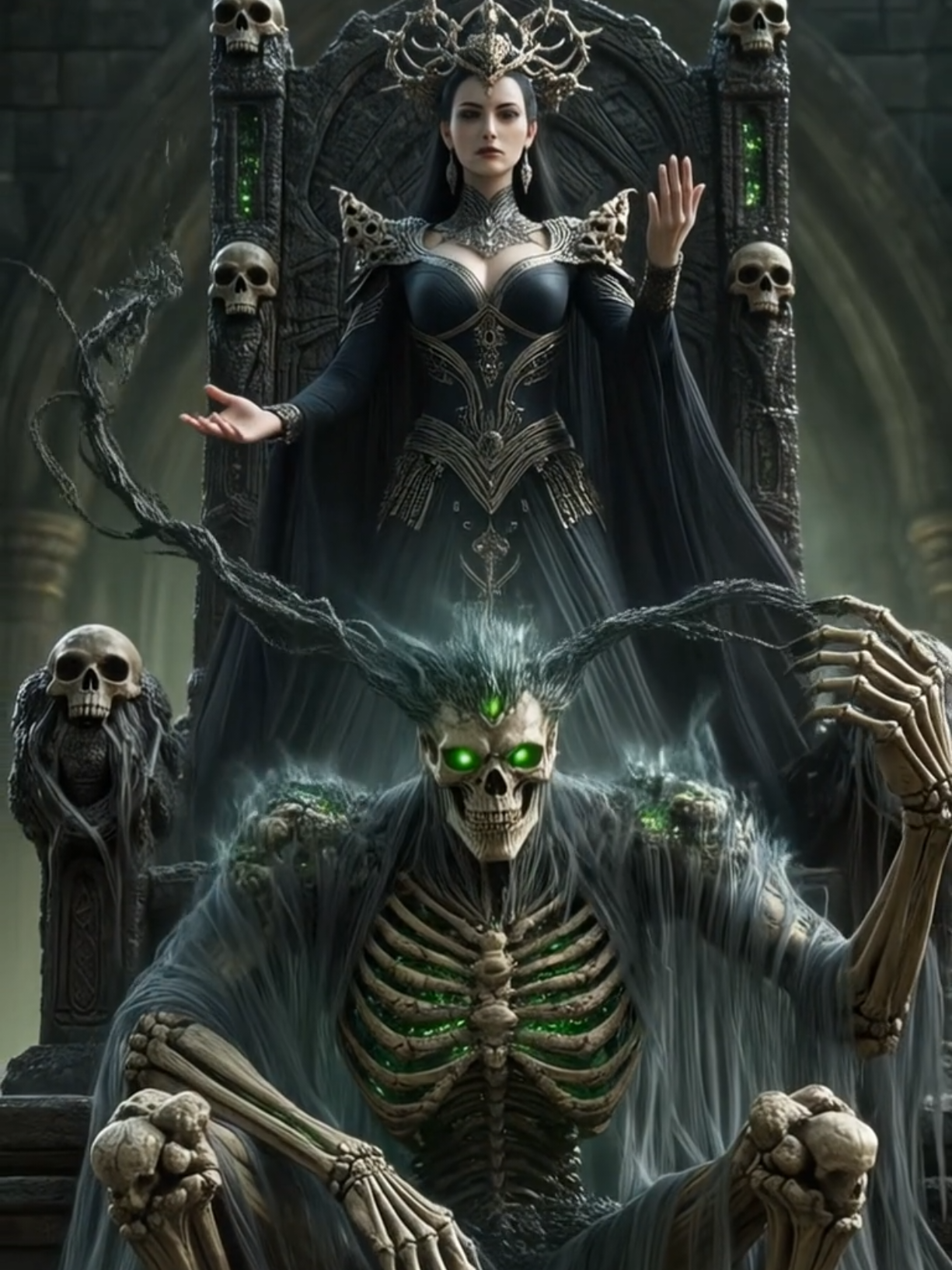 At my command, the ground trembles. 💀 From forgotten bones and lost souls, I shape a creature whose sole purpose is to kneel before my throne. 👑 Its power is my pastime. Its decay, my decree. 💚 #DarkFantasy  #Necromancer  #Queen  #DarkMagic  #Fantasyaesthetic  #Summoning #DevineFeminine 