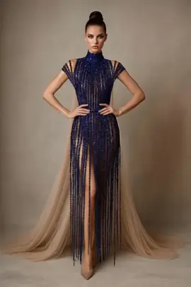✨ A breathtaking gown that blends boldness and luxury — shimmering blue embroidery with flowing strands like ocean waves, and soft tulle details adding a touch of mystery and elegance.  #flypシ #hautecouture #OOTD #TikTokFashion #beirut 