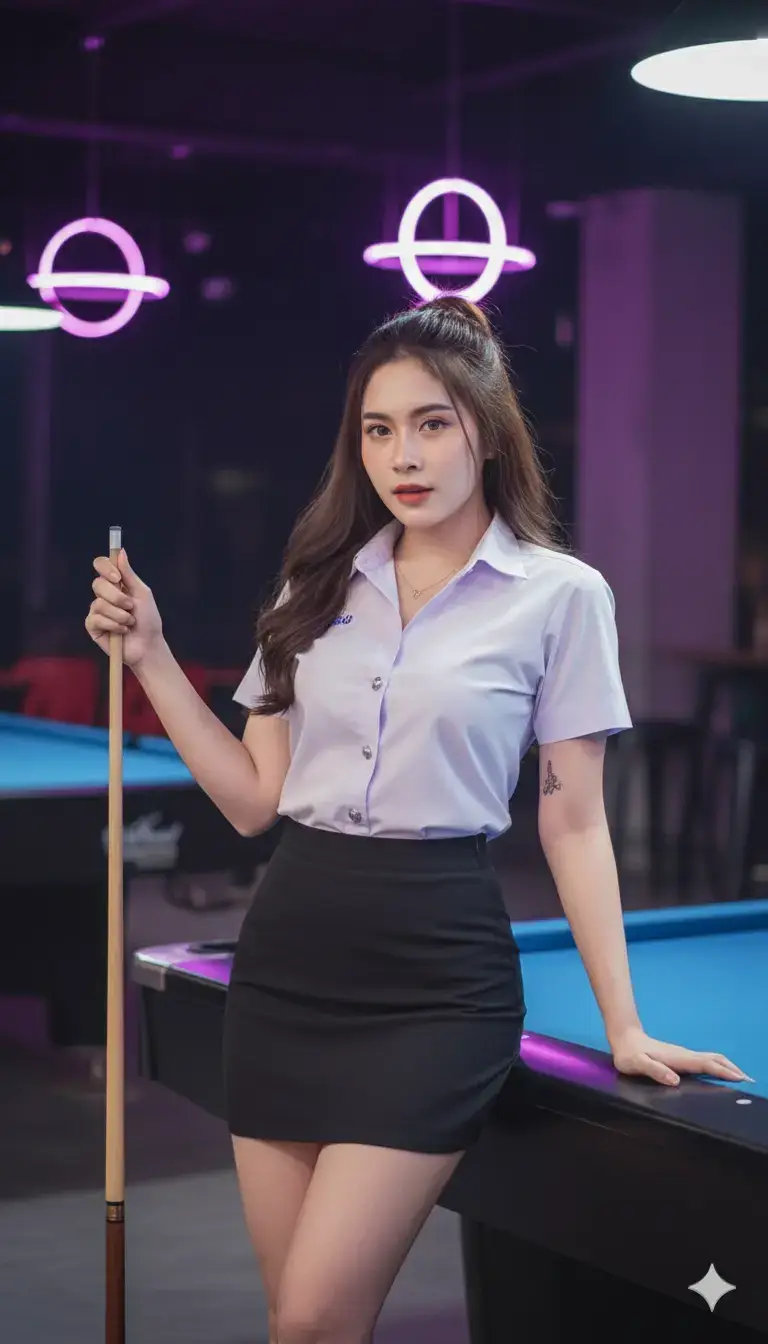 วิธีสร้างภาพ Gemini 1. เข้า Gemini 2. ใส่รูปภาพที่ต้องการ (เห็นหน้าชัด) 3. ใส่ prompt คำสั่ง ! คำสั่ง prompt ลงไว้ให้ในคอมเม้น หาคำ สั่งไม่เจอถามได้น้าา ! 4. รอรูปสวยๆสักครู่ก็ได้แล้วค่า (ได้รูปแล้ว เอามาอวดกันด้วยน้า) #สร้างภาพด้วยai #เปิดการมองเห็น #เทรนวันนี้ #ai #Gemini สร้างภาพ portrait หญิงสาว (บุคคลในรูปภาพที่อัพโหลด) ยังคงใบหน้าให้เหมือนรูปภาพที่อัพโหลดแบบ 100% รูปร่างเรียวสวย ผิวขาวอมชมพู โพสท่ายืนพิงโต๊ะพูลภายในร้านบาร์หรือคลับที่ตกแต่งด้วยแสงไฟโทนม่วง–น้ำเงินแบบโมเดิร์น เธอถือไม้คิวไว้ในมือขวา ส่วนมือซ้ายวางบนขอบโต๊ะพูล ท่าทางมั่นใจและเป็นธรรมชาติ พื้นหลังเป็นโต๊ะพูลสีน้ำเงิน รายล้อมด้วยเฟอร์นิเจอร์บาร์และไฟแขวนเพดานทรงกลม หญิงสาวสวมชุดนักศึกษาไทยผู้หญิง เสื้อสีขาวแบบแขนสั้น กระดุมปลดสองเม็ดบนให้ดูสบายและเป็นกันเอง จับคู่กับกระโปรงสั้นเอวสูงสีดำทรงเข้ารูป เน้นช่วงเอวและสะโพกให้โดดเด่น เธอสวมสร้อยคอเส้นเล็กสีทองและมีรอยสักเล็กๆ บริเวณแขน เพิ่มความโดดเด่นในลุคสบายแต่มีสไตล์ เธอมีทรงผมยาวลอนสีน้ำตาลเข้มมัดมวยครึ่งหัว จัดทรงให้ดูเป็นธรรมชาติและดูนุ่มลื่น ภาพใช้โทนแสงอบอุ่นปนเย็นจากหลอดไฟและแสงไฟในบาร์ สร้างบรรยากาศสบายๆ และหรูหราในเวลาเดียวกัน ถ่ายทอดอารมณ์มั่นใจ มีเสน่ห์ และดูเป็นธรรมชาติของหญิงสาวในยามค่ำคืน แสงในภาพใช้แฟลชสาดสว่างที่ตัวแบบ ทำให้เธอดูโดดเด่นตัดกับฉากหลัง สไตล์ภาพคมชัดสมจริง ภาพถ่ายรายละเอียดสูง สร้างภาพสมจริง ภาพถ่ายครึ่งตัว สร้างภาพสมจริง ภาพถ่ายครึ่งตัว