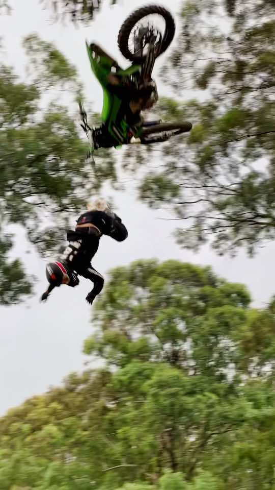 That was a spectacular dismount 😅 foam pit training for the 360 Heel Clicker. #SportsTok #Motocross #FreestyleKings #Kawasaki 