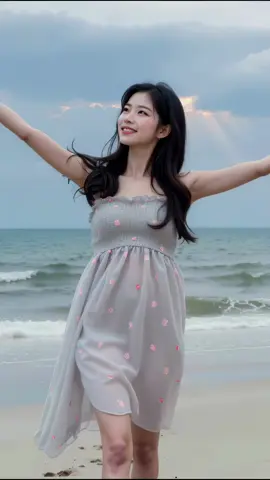 Sunset dreams in a floral dress by the sea 🌊🌸✨ #BeachVibes #FloralStyle #OceanMood #SummerGlow #TikTokFashion 