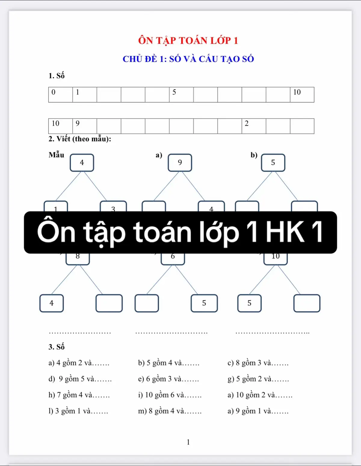 Ôn tập toán lớp 1 HK1 #xuhuong #tailieuhoctap #hoccungcon #toanlop1 #dethihocki1lop1 