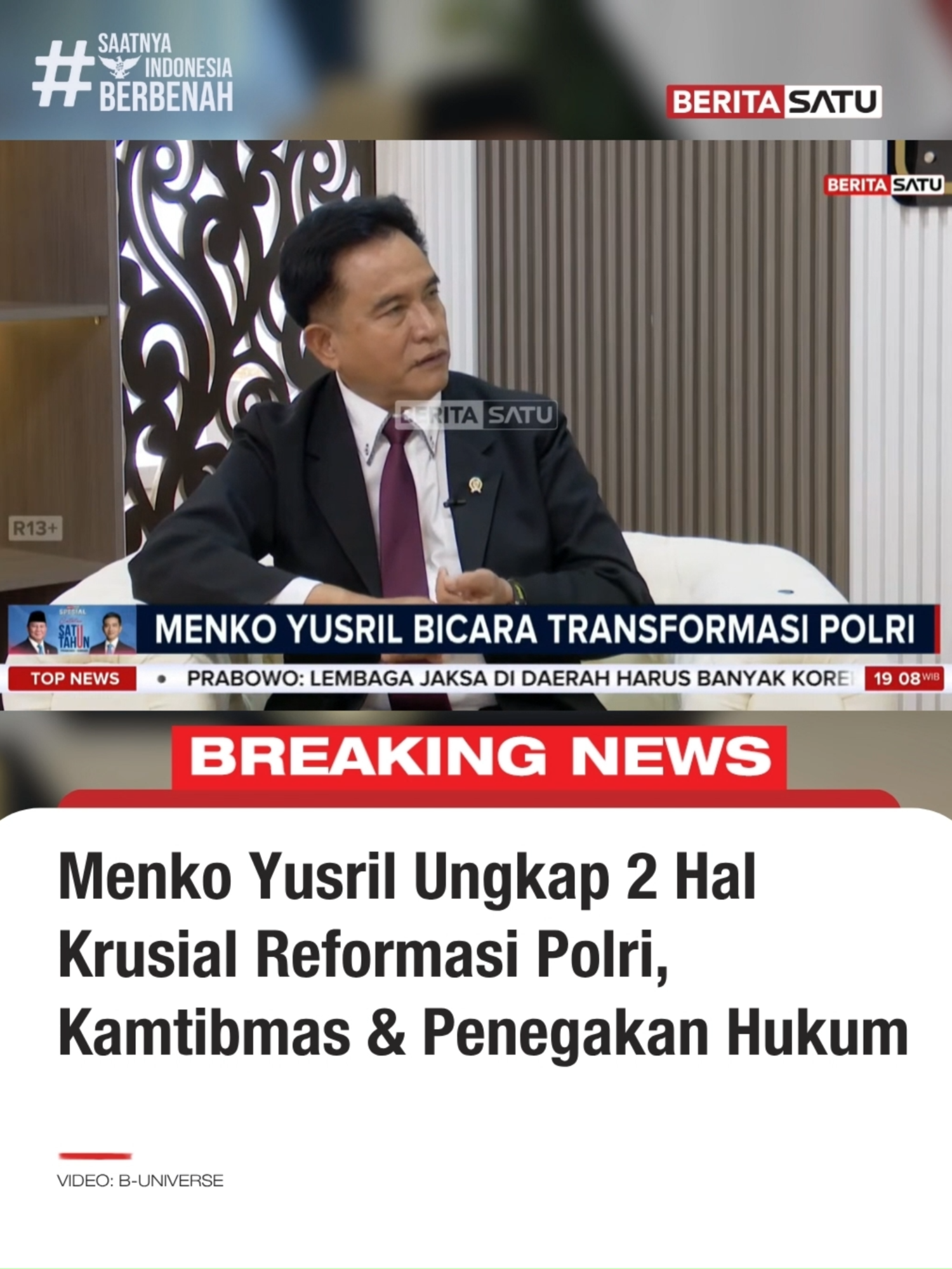 Menteri Koordinator Bidang Hukum, HAM, Imigrasi, dan Pemasyarakatan (Menko Kumham Imipas) Yusril Ihza Mahendra mengungkapkan 2 hal krusial dalam rangka reformasi Polri yakni Keamanan dan Kertertiban Masyarakat (Kamtibmas) dan penegakan hukum. Update berita selengkapnya di BeritaSatu.com, Beritasatu TV, BTV, dan YouTube BeritaSatu! #YusrilIhzaMahendra #Polri #TransformasiPolri #CatatanSatuTahunPrabowoGibran #SatuTahunPrabowoGibran #SaatnyaIndonesiaBerbenah #BeritaSatu