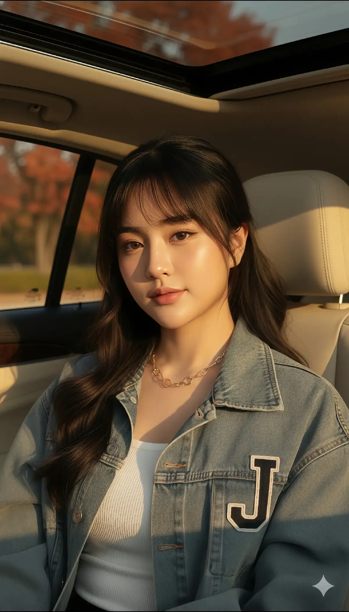 prompt  Buat potret seorang wanita cantik dengan wajah yang 100% sama seperti foto referensi. Ia sedang duduk di dalam mobil mewah dengan interior kulit berwarna krem, dan atap sunroof terbuka membiarkan sinar matahari hangat sore hari masuk dari atas. Rambutnya panjang, hitam, lembut dengan sedikit gelombang alami, beberapa helai terurai lembut di sekitar wajah halusnya yang bersinar sempurna. Ia mengenakan jaket denim oversized berwarna abu-abu kebiruan dengan huruf besar “J” terbordir di bagian depan. Jaketnya terbuka longgar, memperlihatkan tank top ketat warna putih berbahan rib halus di dalamnya. Di lehernya tergantung kalung emas tipis dengan desain rantai berlingkar elegan, menambah kesan mewah dan feminin. Rias wajahnya bergaya makeup Korea — kulit tampak segar dan bercahaya seperti glass skin, pipi bersemu blush pink lembut, eyeshadow warna peach-cokelat muda, bulu mata lentik alami, dan alis natural lembut. Bibirnya tampak menawan dengan gradasi warna pink mawar yang dibaurkan halus di tepi, menciptakan kesan manis dan lembut. Ia tersenyum kecil tanpa memperlihatkan gigi, dengan tatapan mata yang tenang namun menggoda. Kepalanya sedikit miring, dan sinar matahari keemasan jatuh lembut pada rambut serta wajahnya. Pose tubuhnya tampak santai namun tetap elegan. Pencahayaan berasal dari sinar alami golden hour yang menembus melalui sunroof, menciptakan nuansa hangat dan lembut di seluruh ruang mobil. Di luar jendela terlihat pepohonan samar dengan dedaunan merah-oranye, menambah kedalaman dan sentuhan romantis pada latar. Keseluruhan suasana berkesan hangat, lembut, dan romantis bergaya Korea, dengan tone warna keemasan serta efek depth of field yang indah. #promptai #photorealistic #geminiaipro 