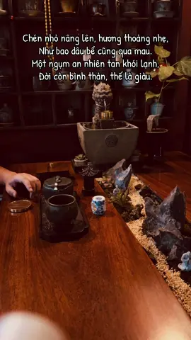 Chén nhỏ nâng lên, hương thoảng nhẹ, Như bao dâu bể cũng qua mau. Một ngụm an nhiên tan khói lạnh, Đời còn bình thản, thế là giàu.
