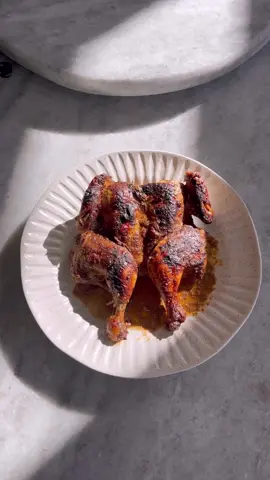 Never eat a white lady chicken again.  2 whole chickens 2.5-3 lbs each 2/3 cup plain yogurt 1/2 cup soy sauce 1/2 cup hot sauce 1/2 cup balsamic vinegar 1/4 cup lemon juice 1/3 cup olive oil 2 tsp ground cloves 2 tsp ground cardamom  1 tsp ground cinnamon  2 tsp ground pepper 1 tbsp salt 3/4 tsp ground nutmeg  1 tsp garlic powder 1 tsp onion powder Mix all the ingredients together. Prepare you chicken by cleaning and cutting it. You can use this on any kind of chicken. My favorite is to spatchcock the chicken so it cooks crispy all around. Lay it out in your pan and cover with the marinade. Bake at 475 F covered for 20 minutes. Uncover and cook for another 35-45 minutes or until internal temp is 165 F. It will be perfect every time. Enjoy! @From Our Place  @Celia Gercovich 